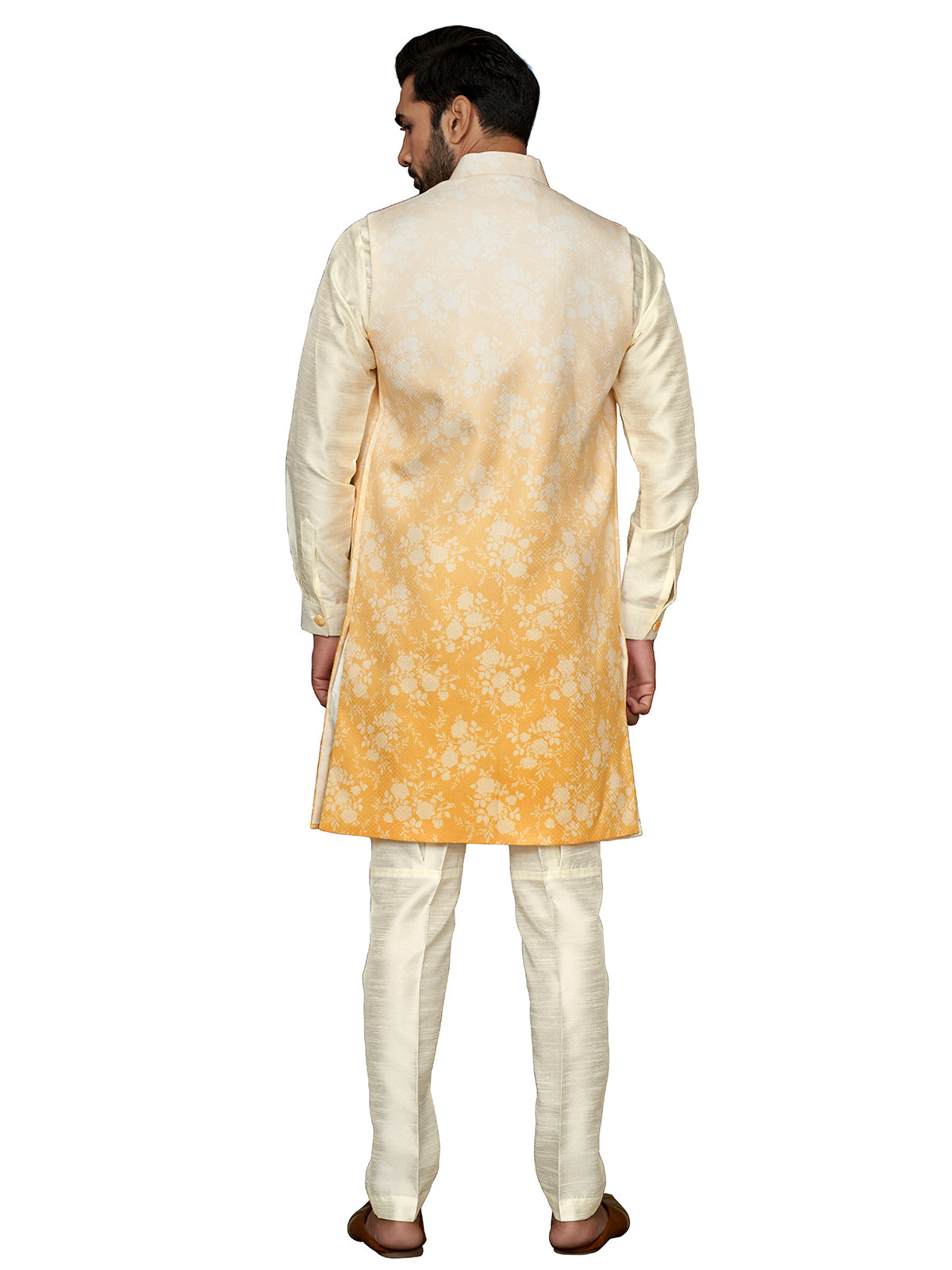Cream and yellow wedding silk indowestern