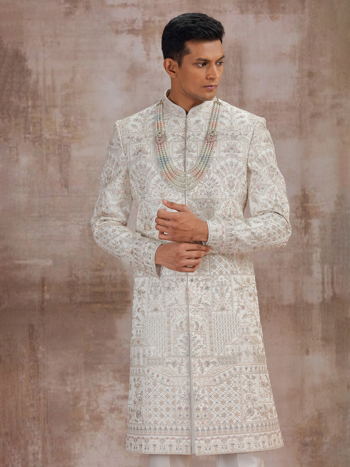 Cream art silk wedding sherwani for groom