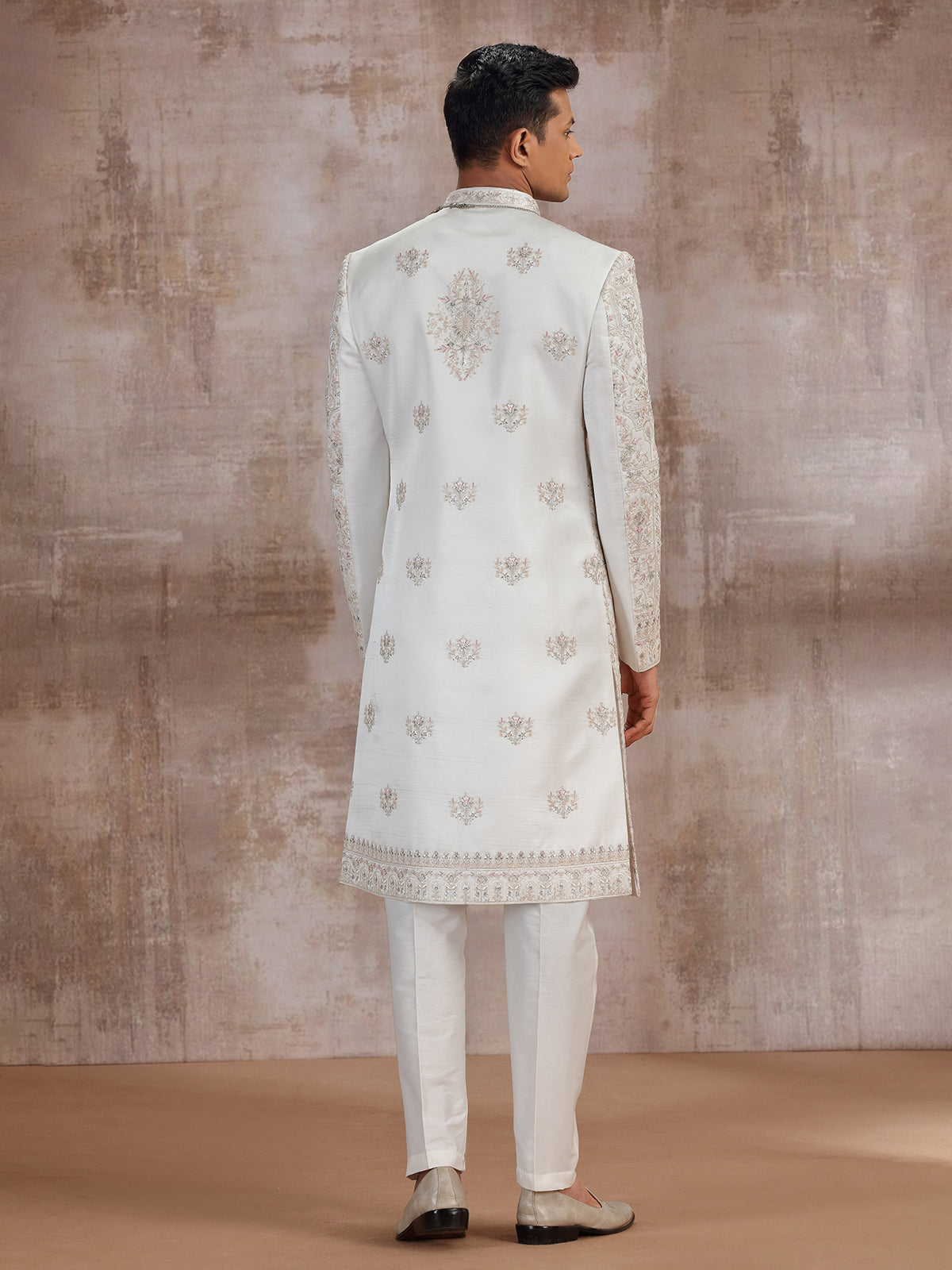 Cream art silk wedding sherwani for groom