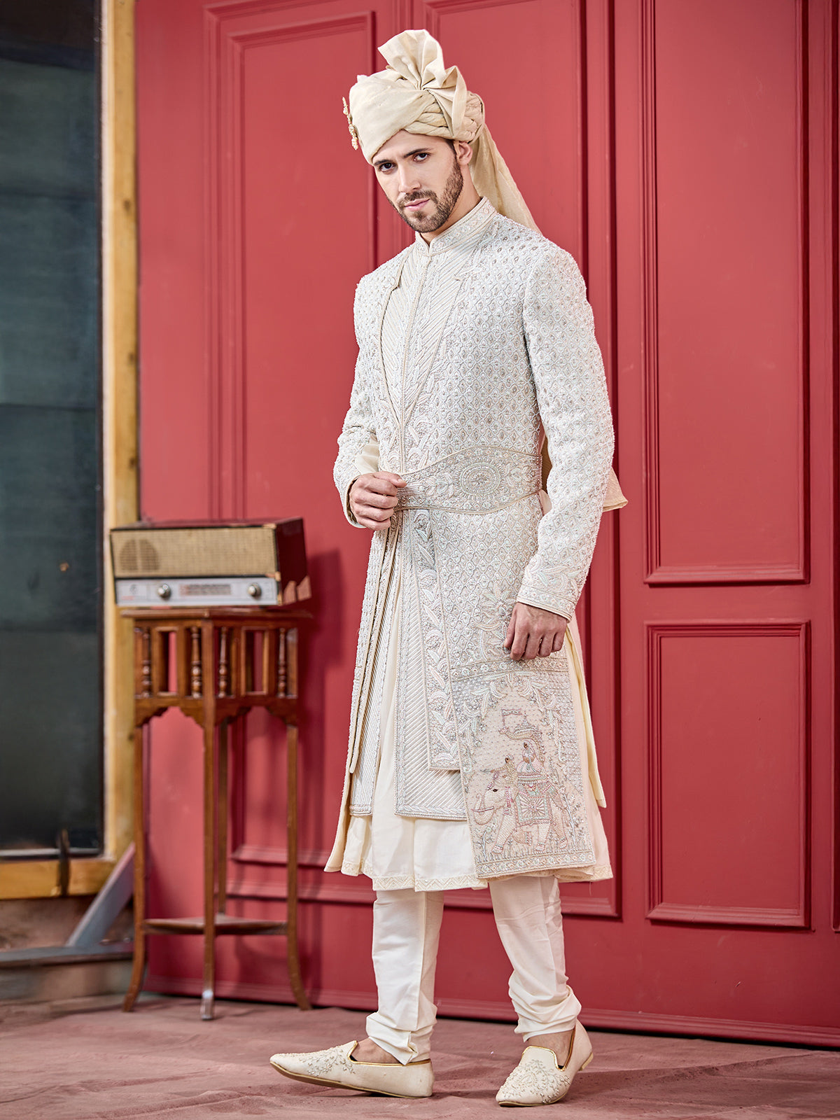 Cream coloured peshwahi silk sherwani