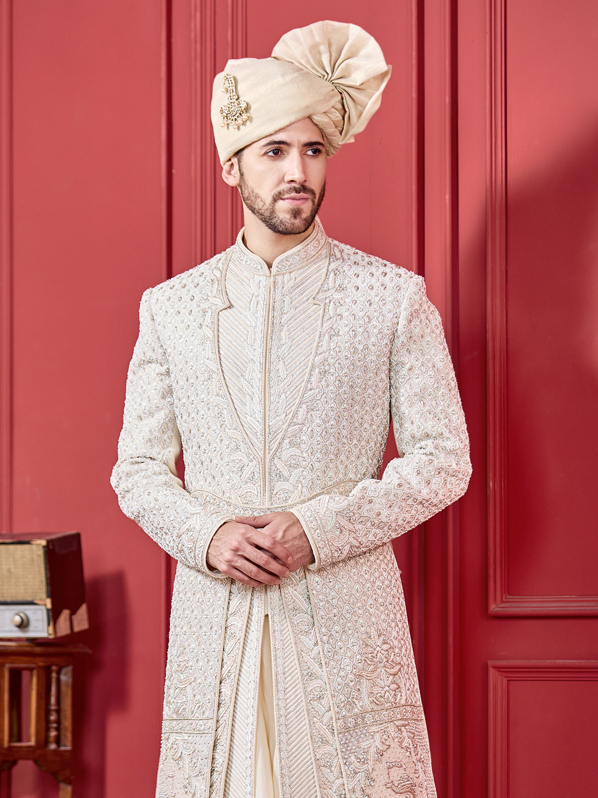 Cream coloured peshwahi silk sherwani