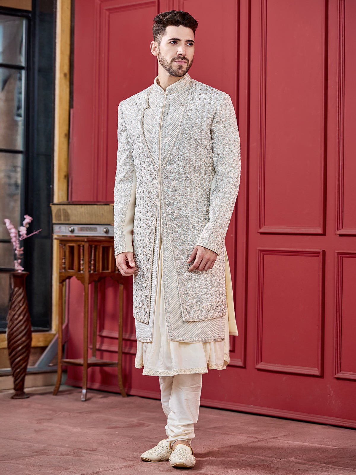 Cream coloured peshwahi silk sherwani