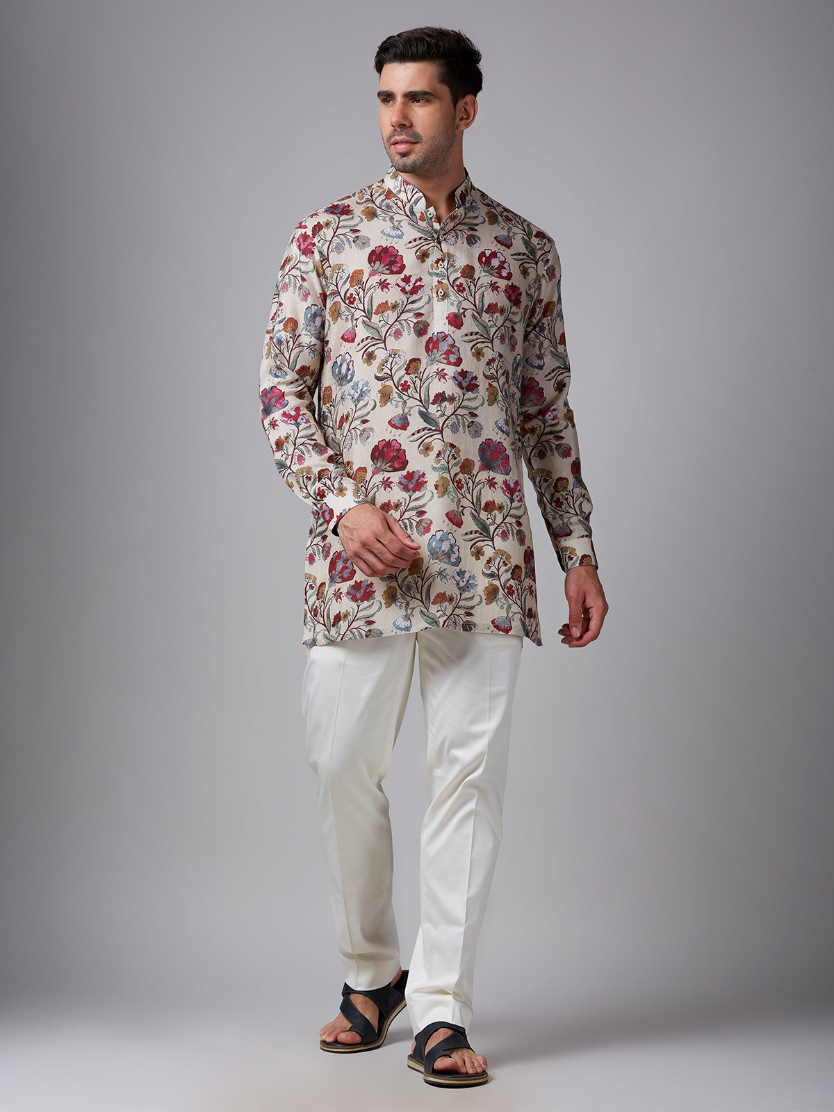Cream cotton floral printed short kurta suit