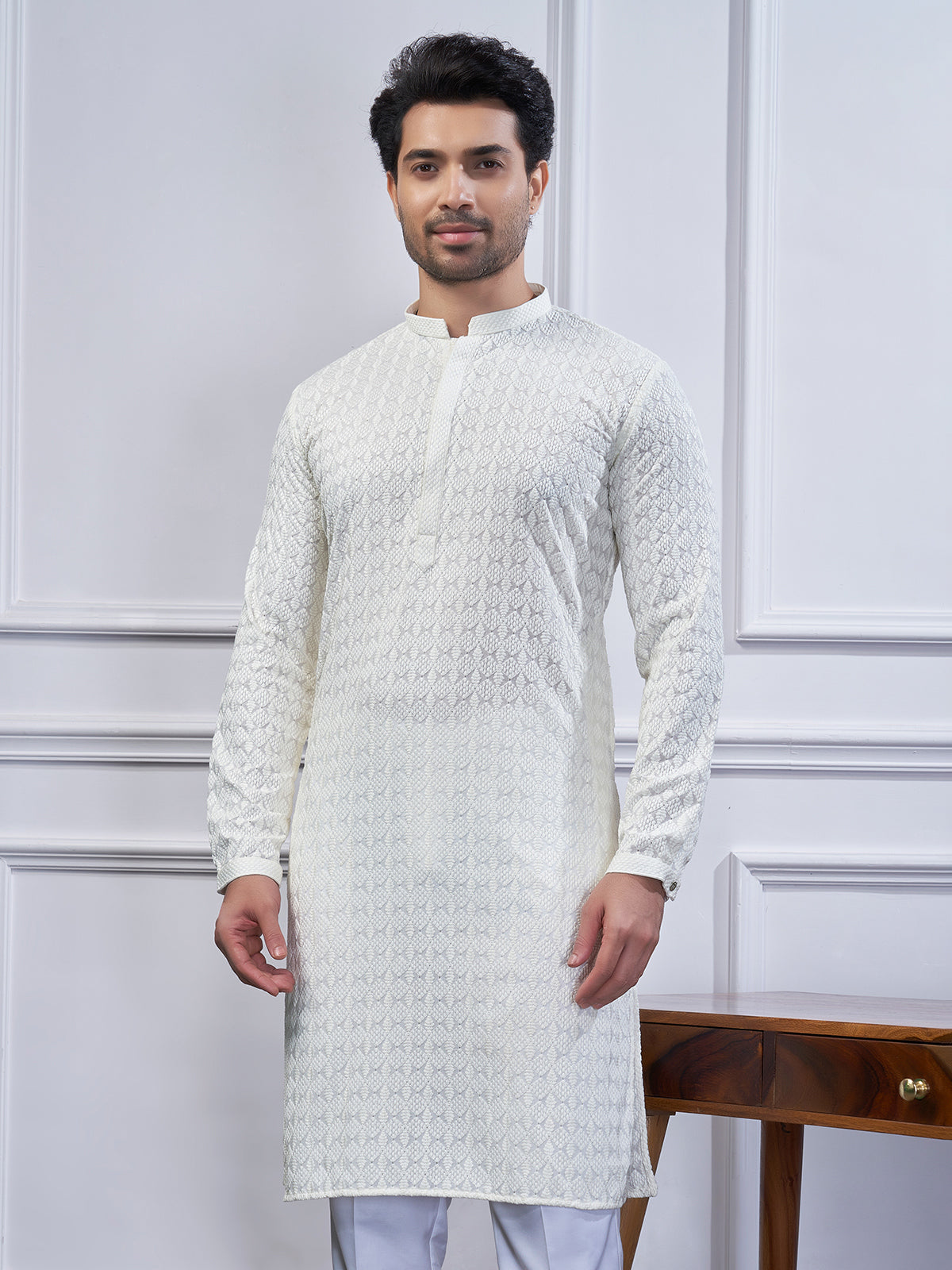 Cream cotton kurta suit for festive for men