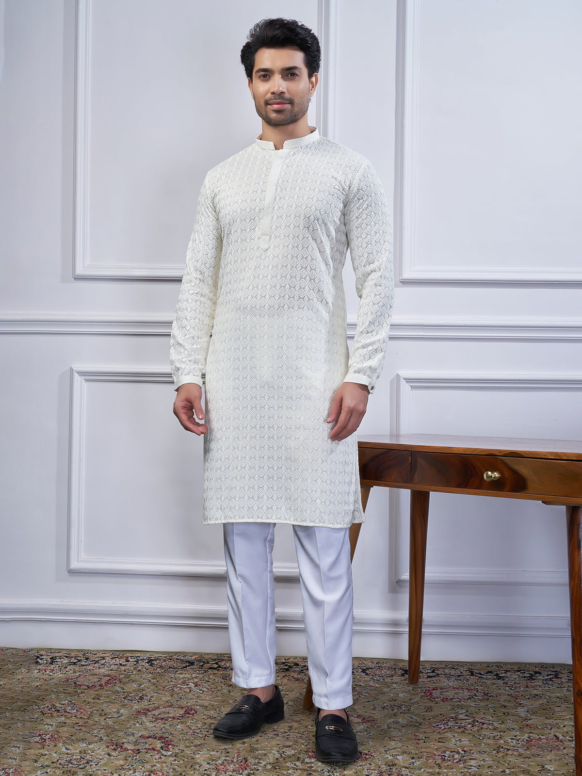 Cream cotton kurta suit for festive for men