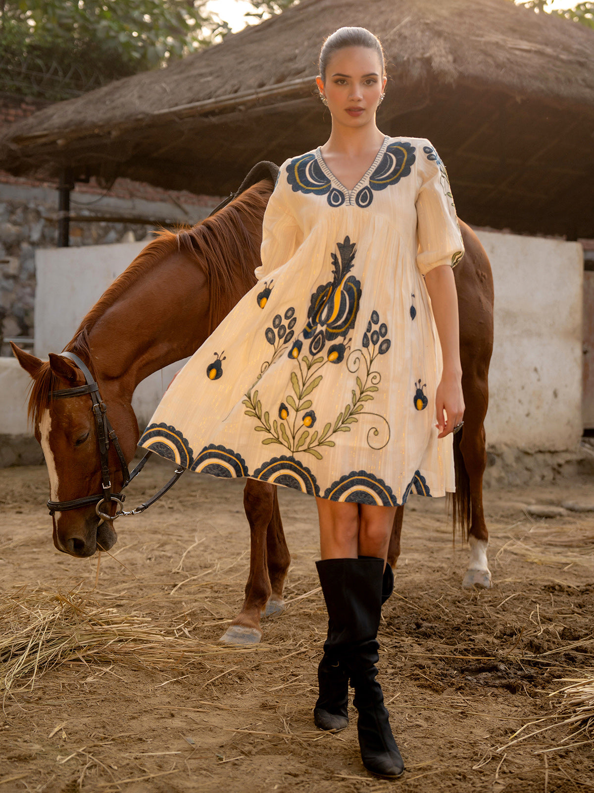 Cream cotton kurti with resham and embroidery