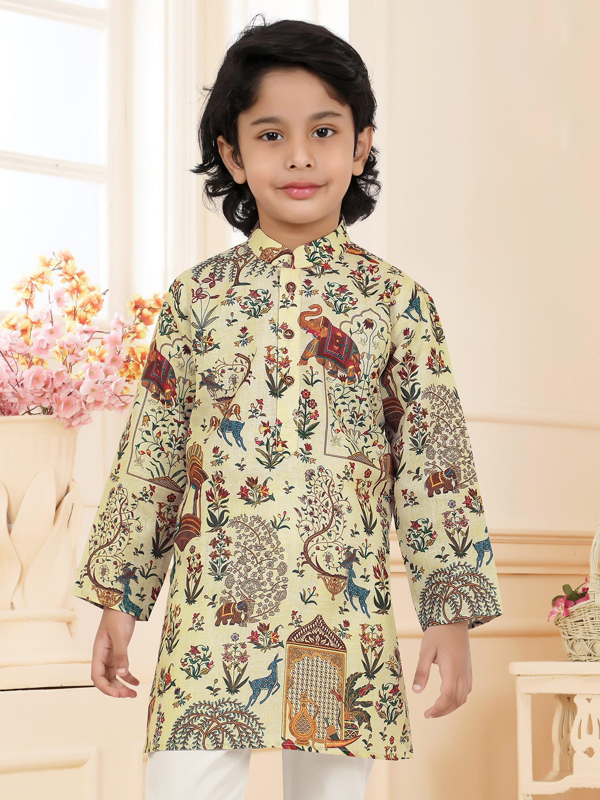 Cream cotton printed boys kurta pajama