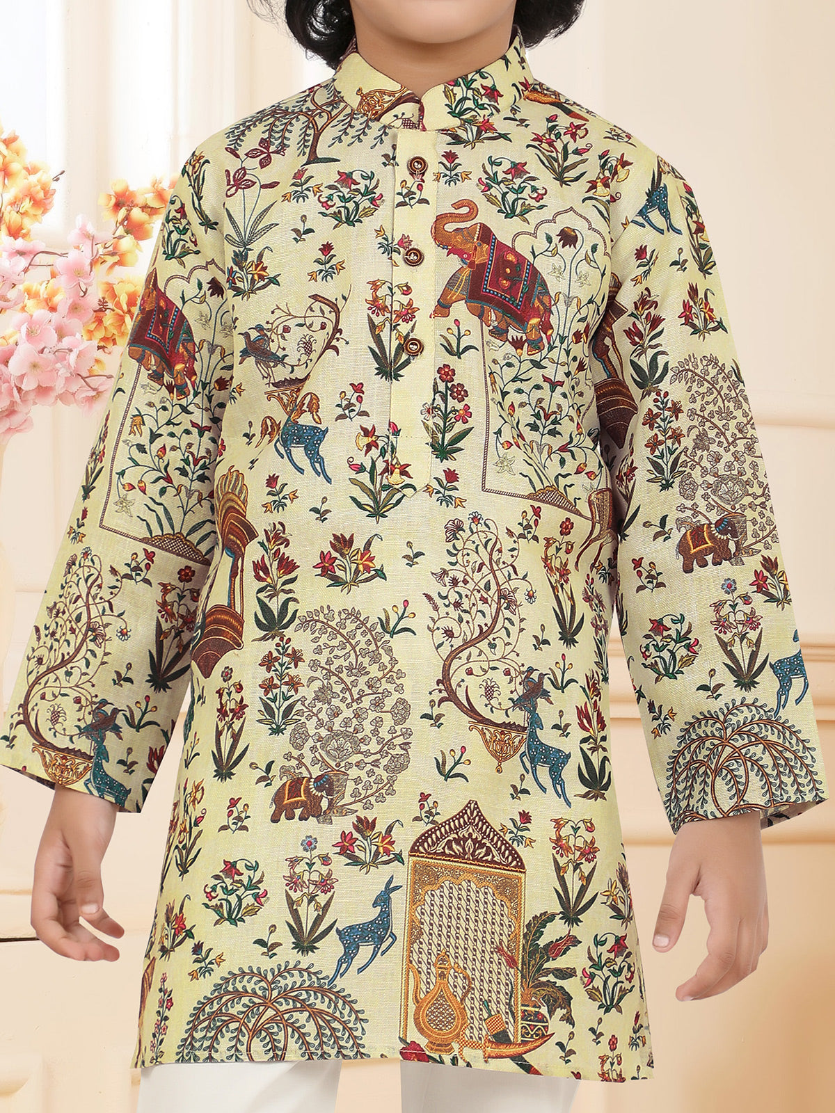 Cream cotton printed boys kurta pajama