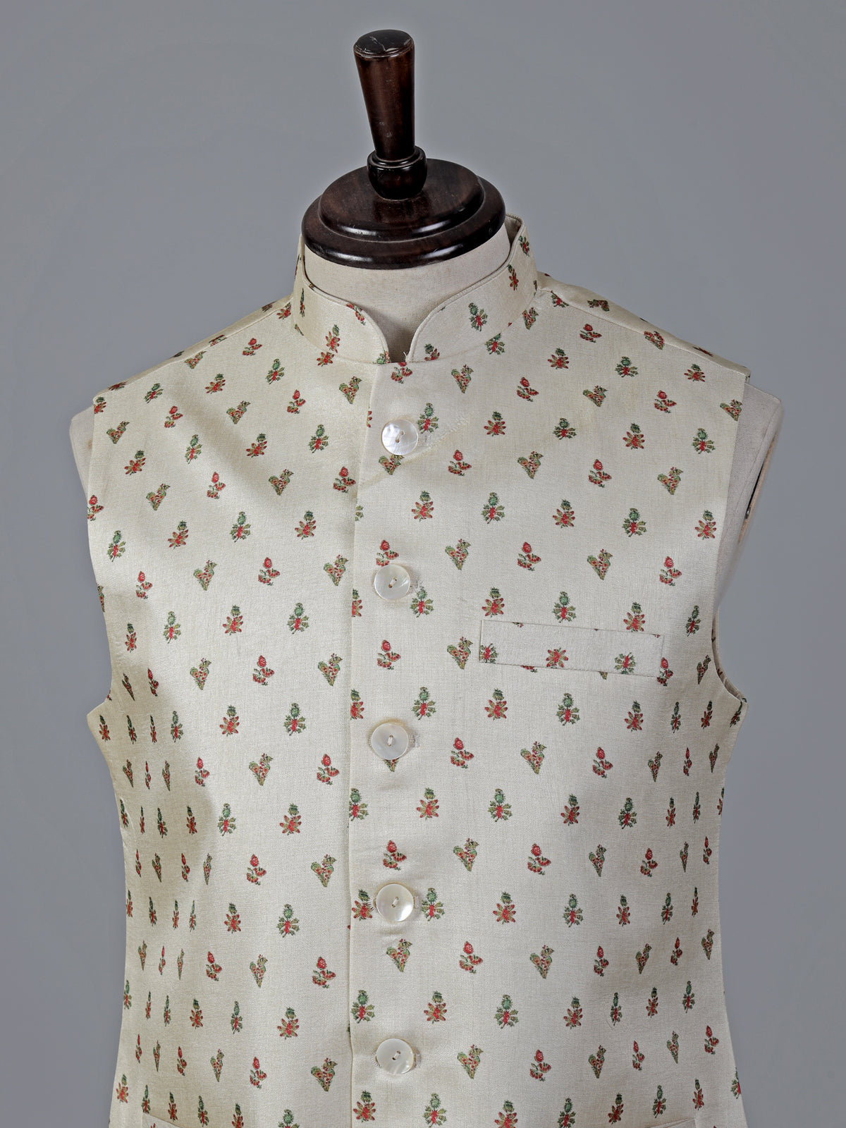 Cream cotton silk festive printed waistcoat