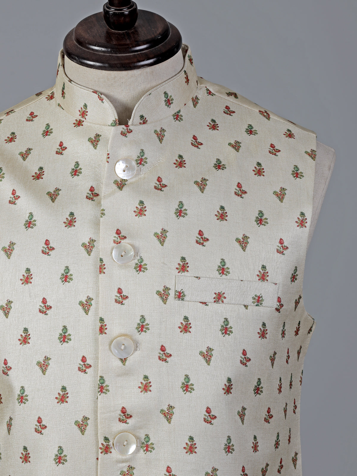 Cream cotton silk festive printed waistcoat