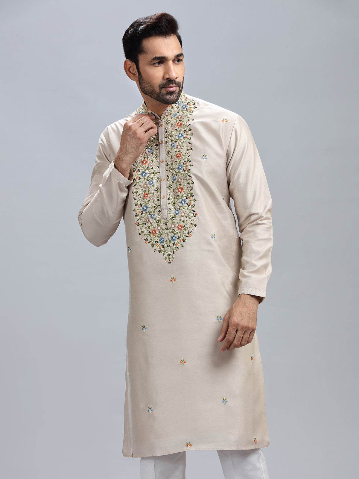 Cream cotton silk festive style kurta set for men