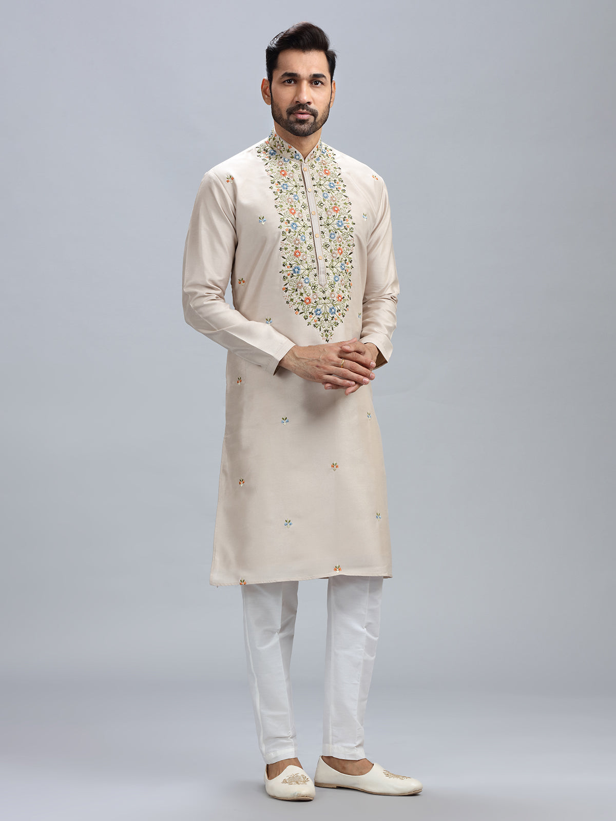 Cream cotton silk festive style kurta set for men