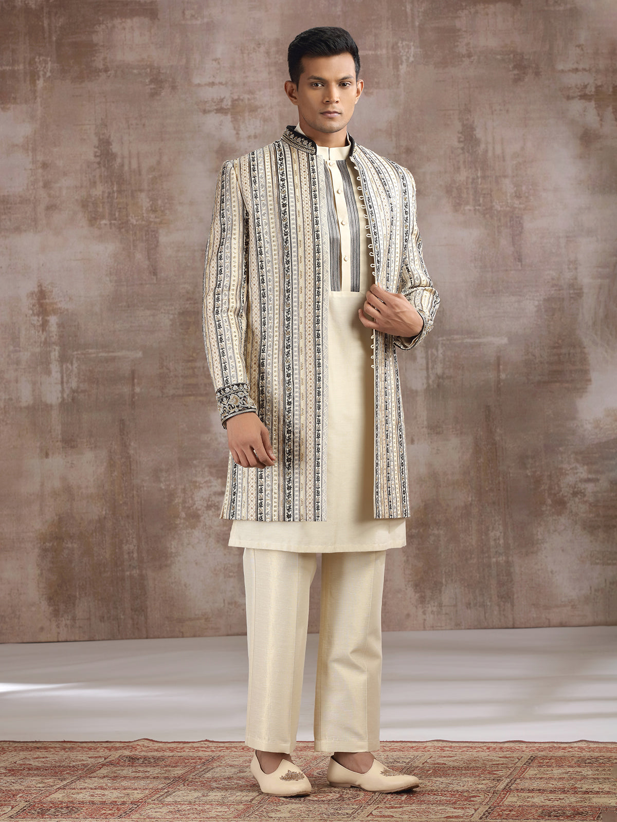 Cream cotton silk indo western with embroidery work