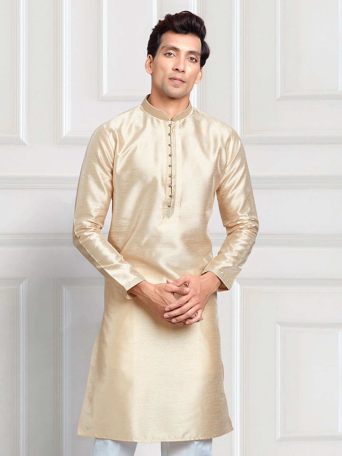 Cream cotton silk plain kurta suit