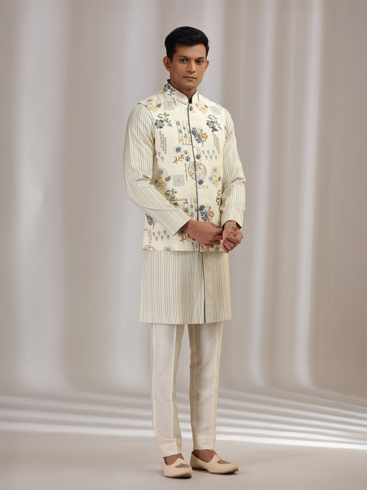 Cream cotton silk waistcoat set with print