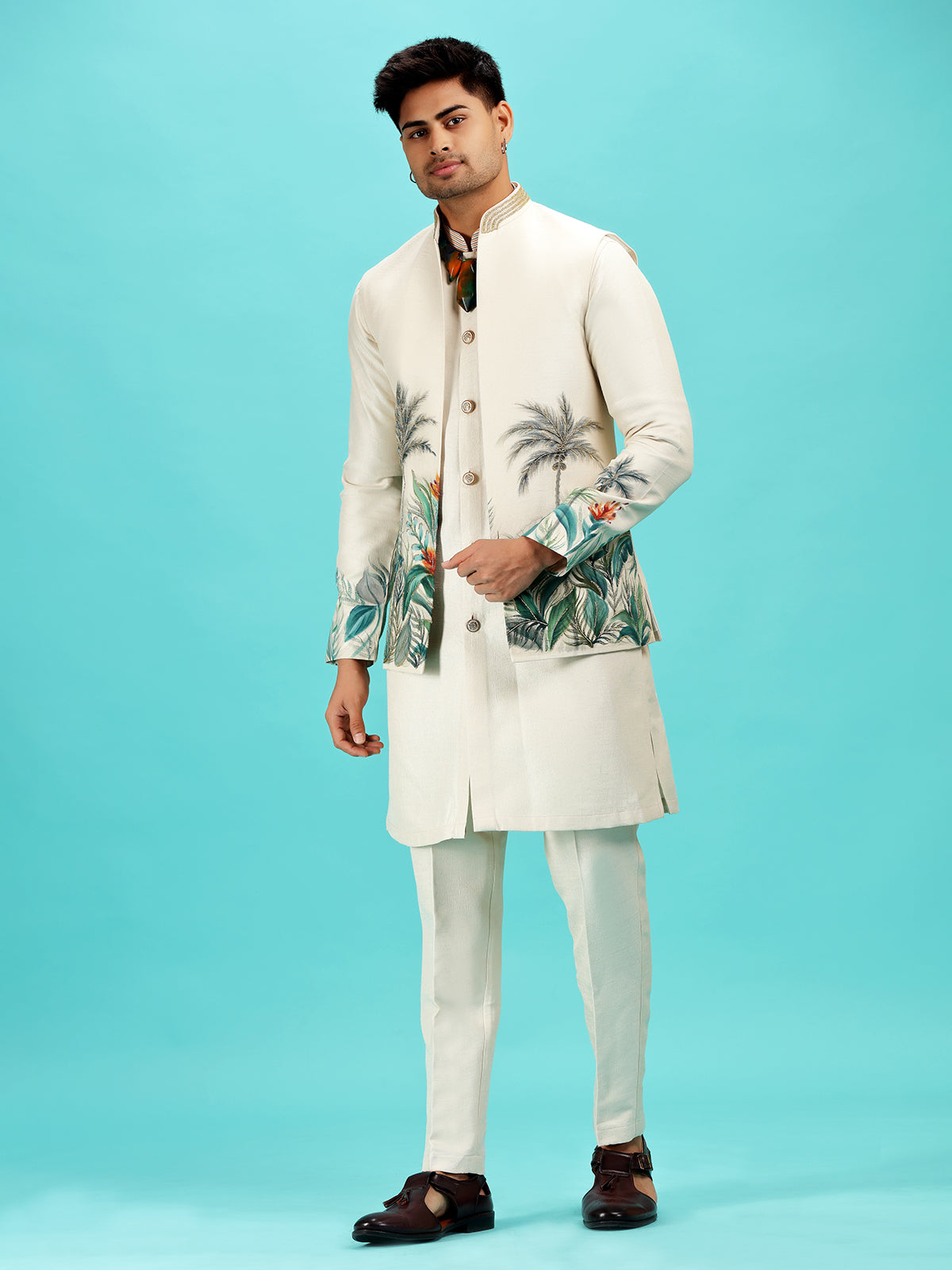 Cream cutdana worked silk waistcoat set