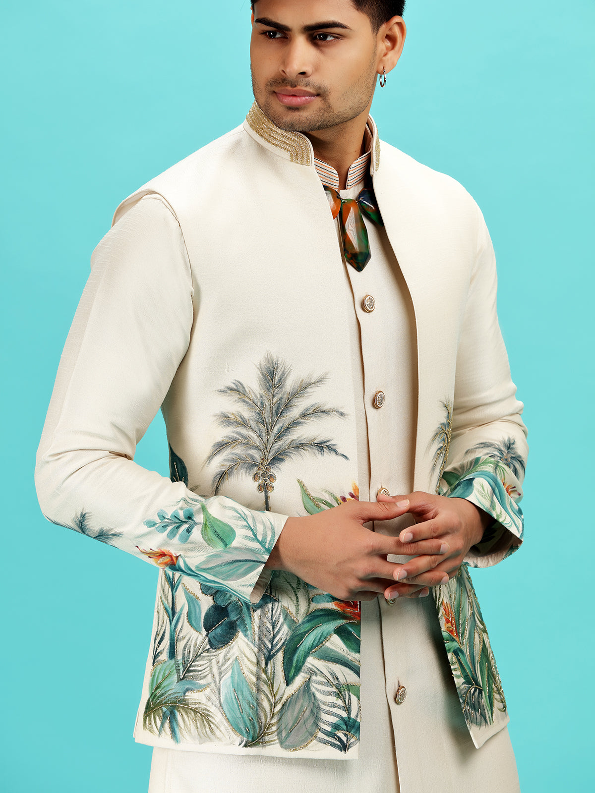 Cream cutdana worked silk waistcoat set