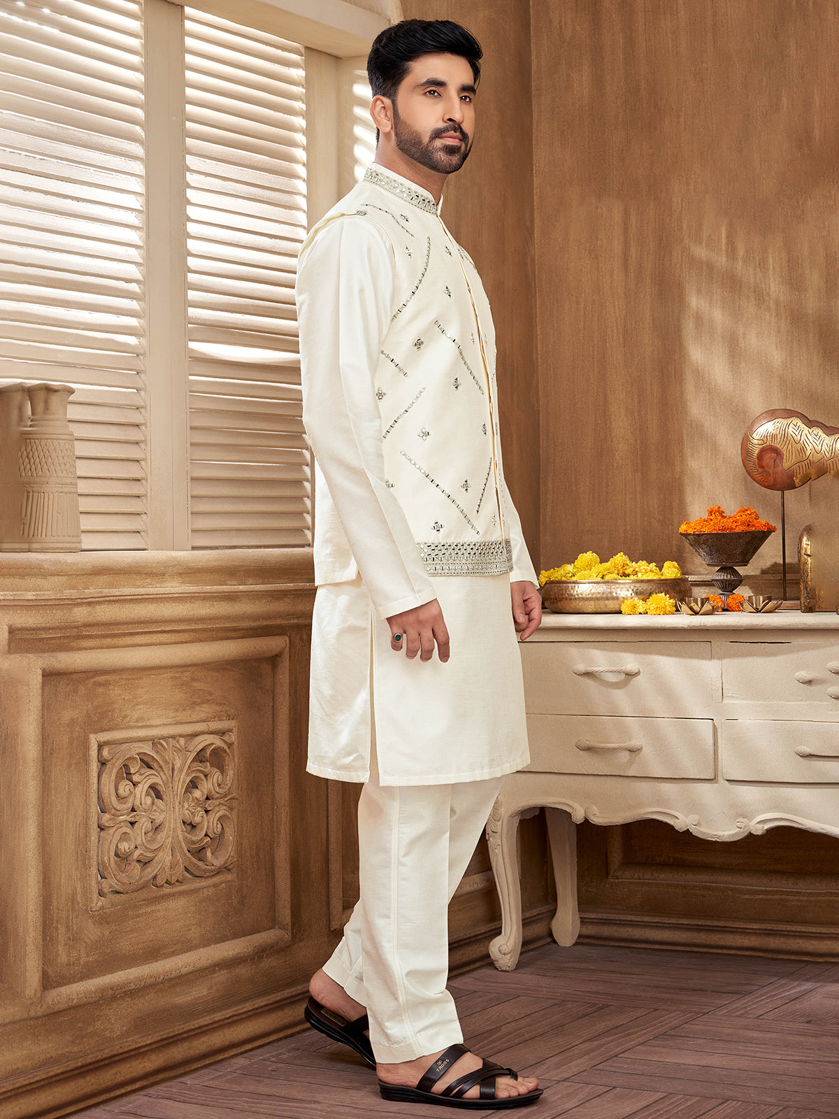 Cream embroidered waistcoat set for weddings and festivals