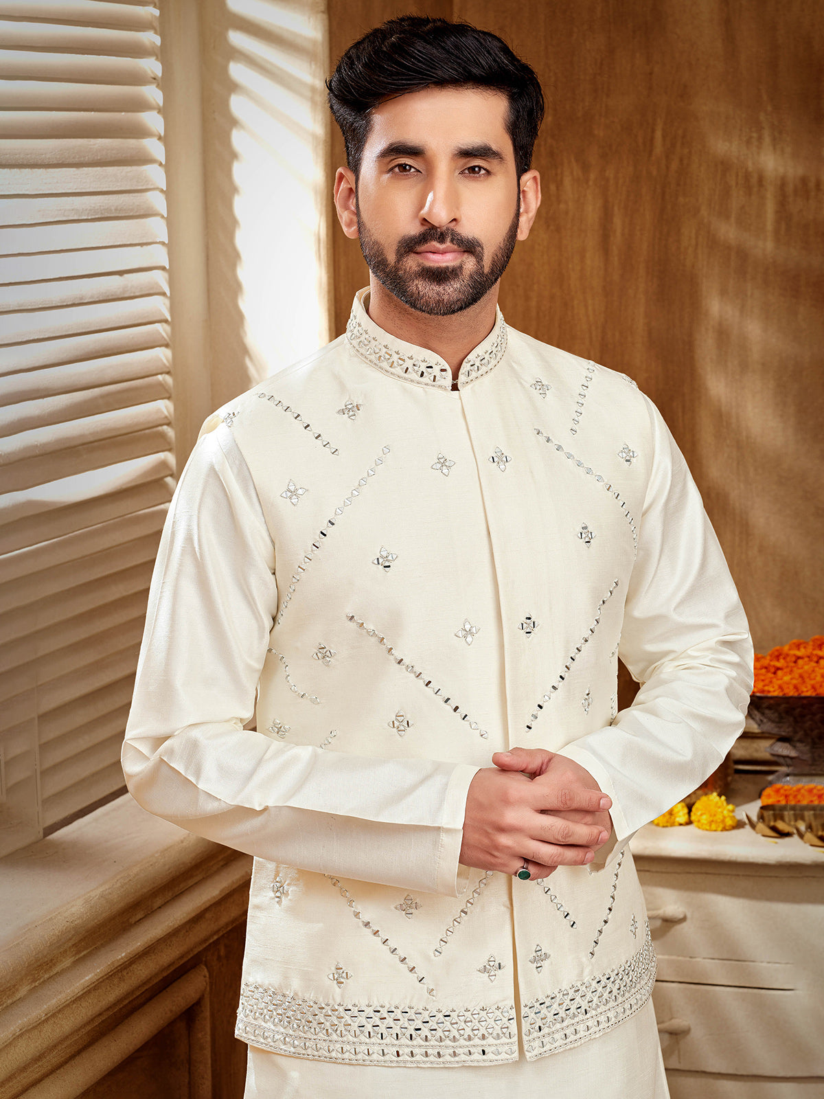 Cream embroidered waistcoat set for weddings and festivals