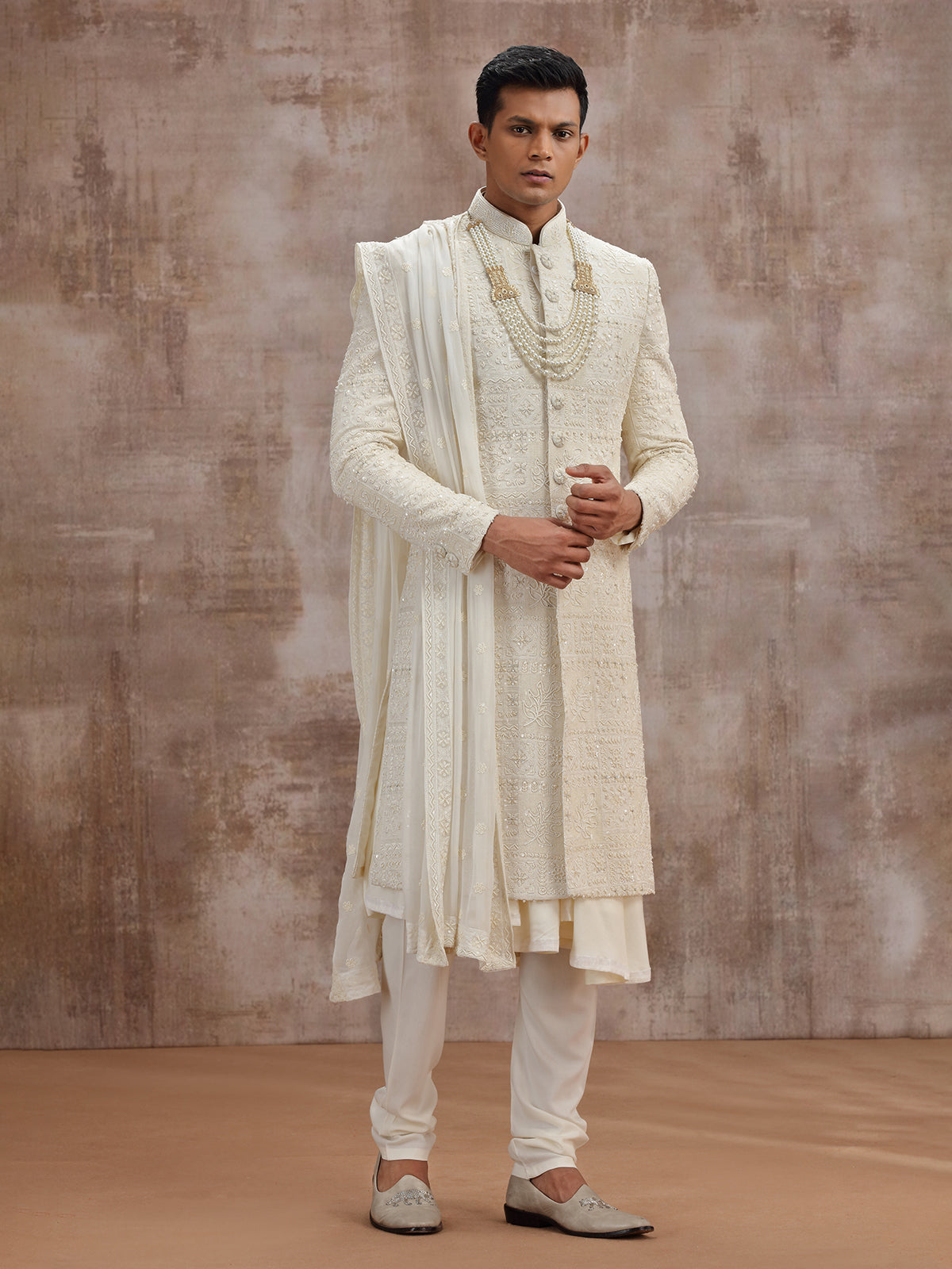 Cream lucknowi georgette peshwai sherwani with dupatta