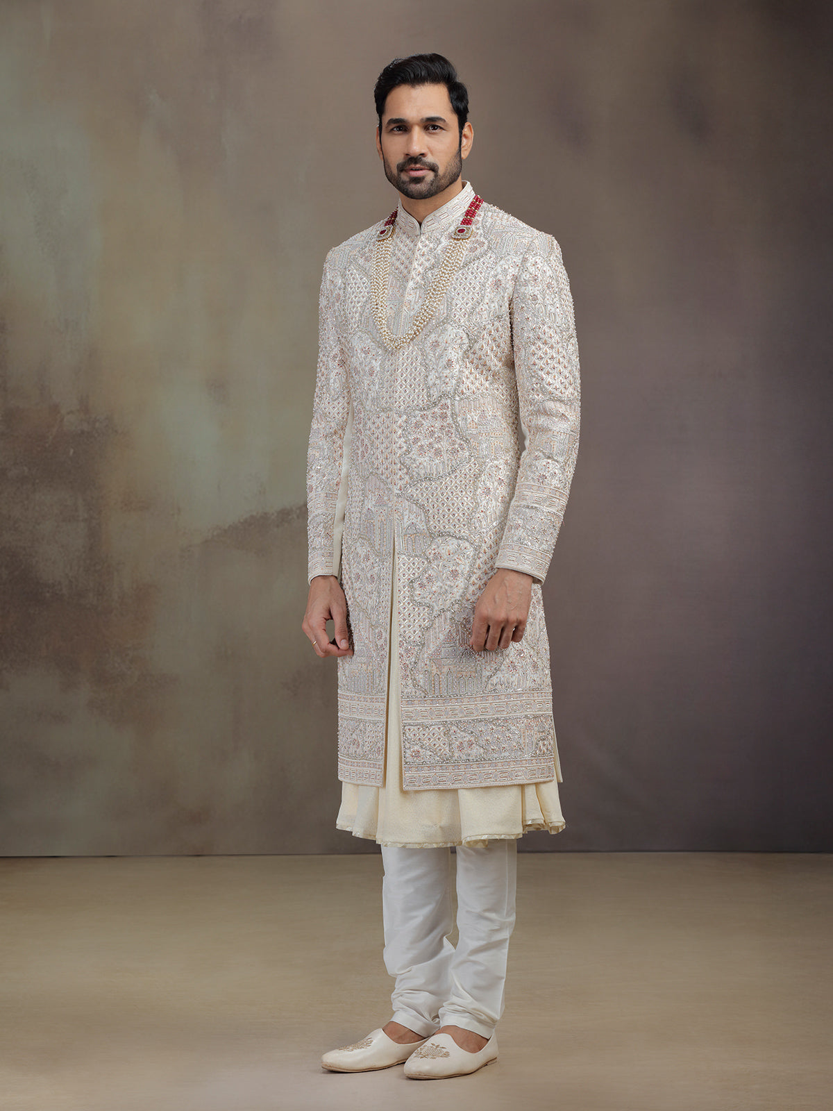 Cream peshwai silk sherwani for groom