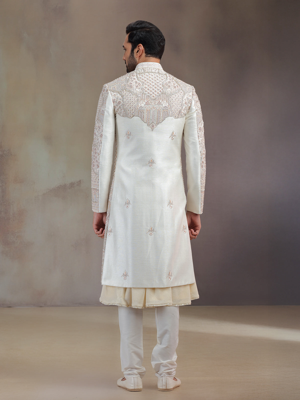 Cream peshwai silk sherwani for groom