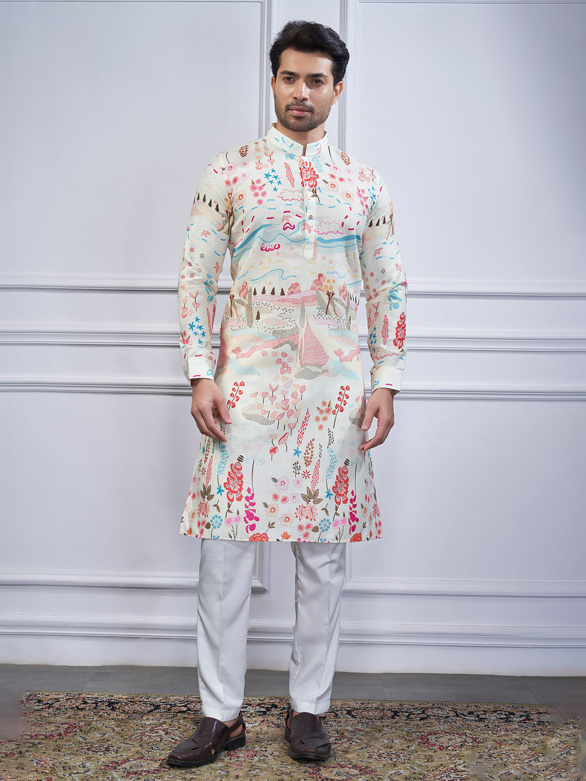Cream printed cotton kurta pajama