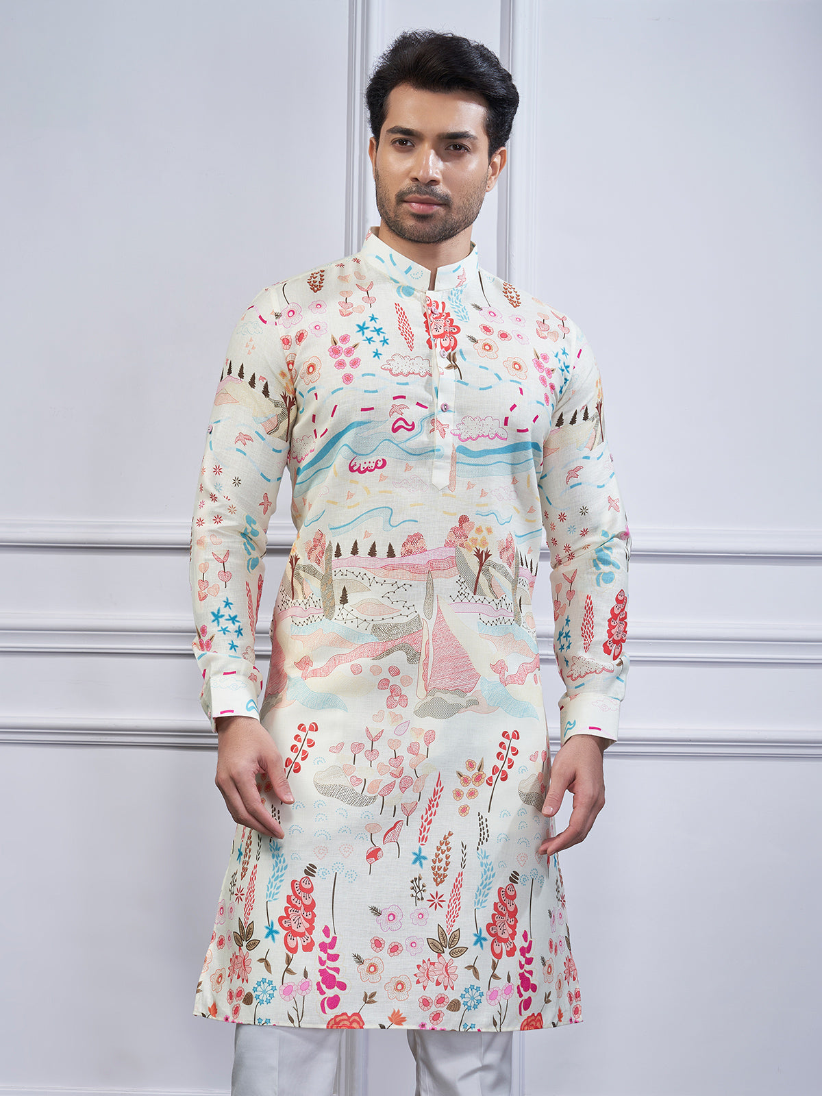 Cream printed cotton kurta pajama