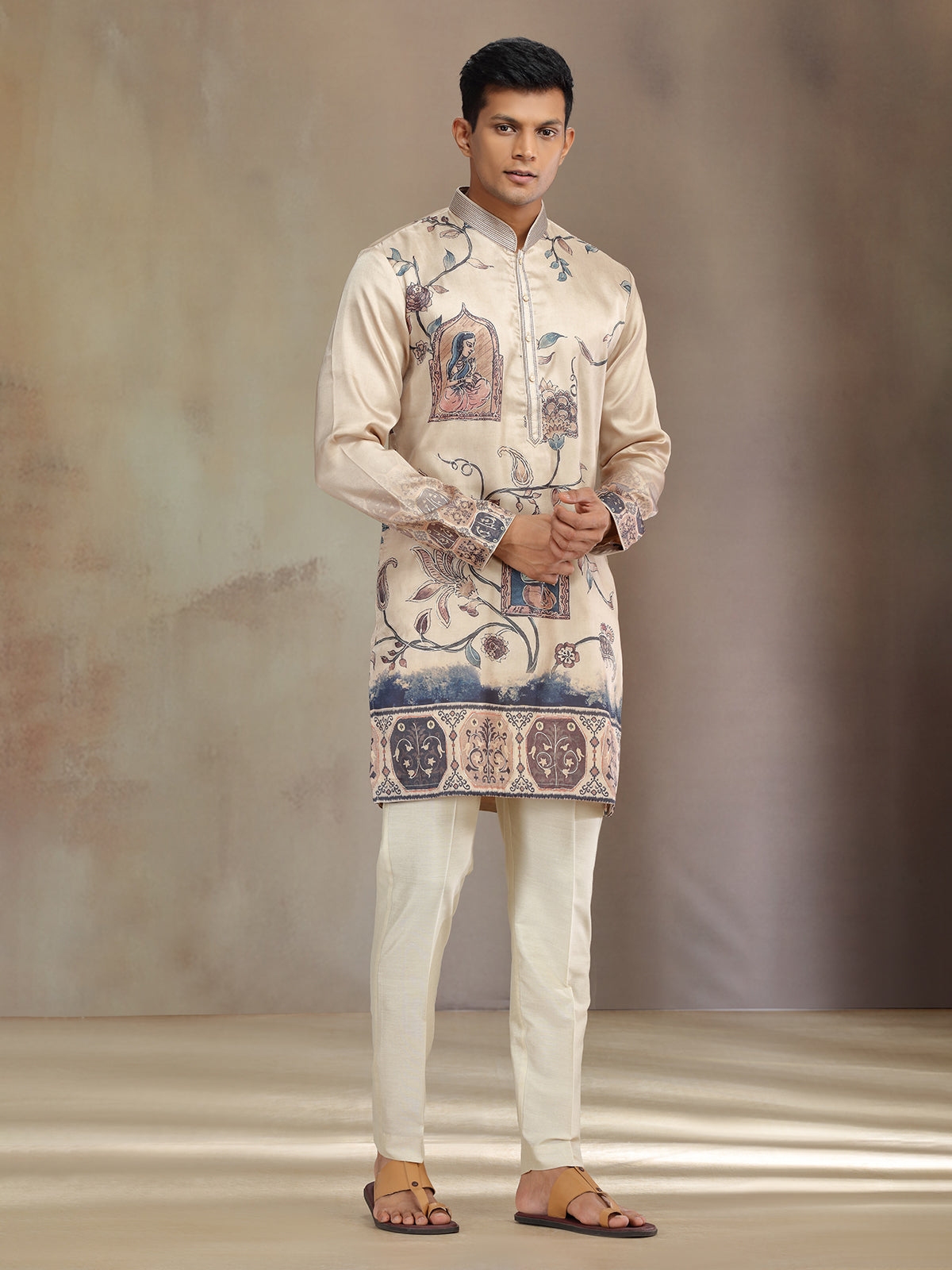 Cream printed festive wear tusser silk kurta pajama