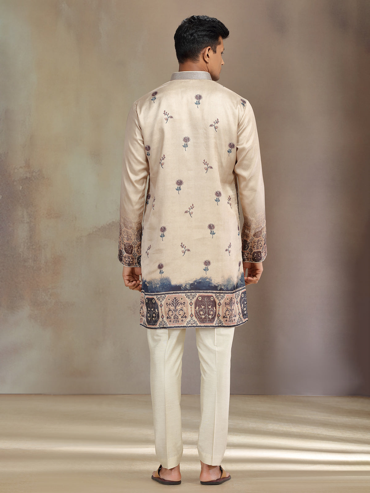 Cream printed festive wear tusser silk kurta pajama