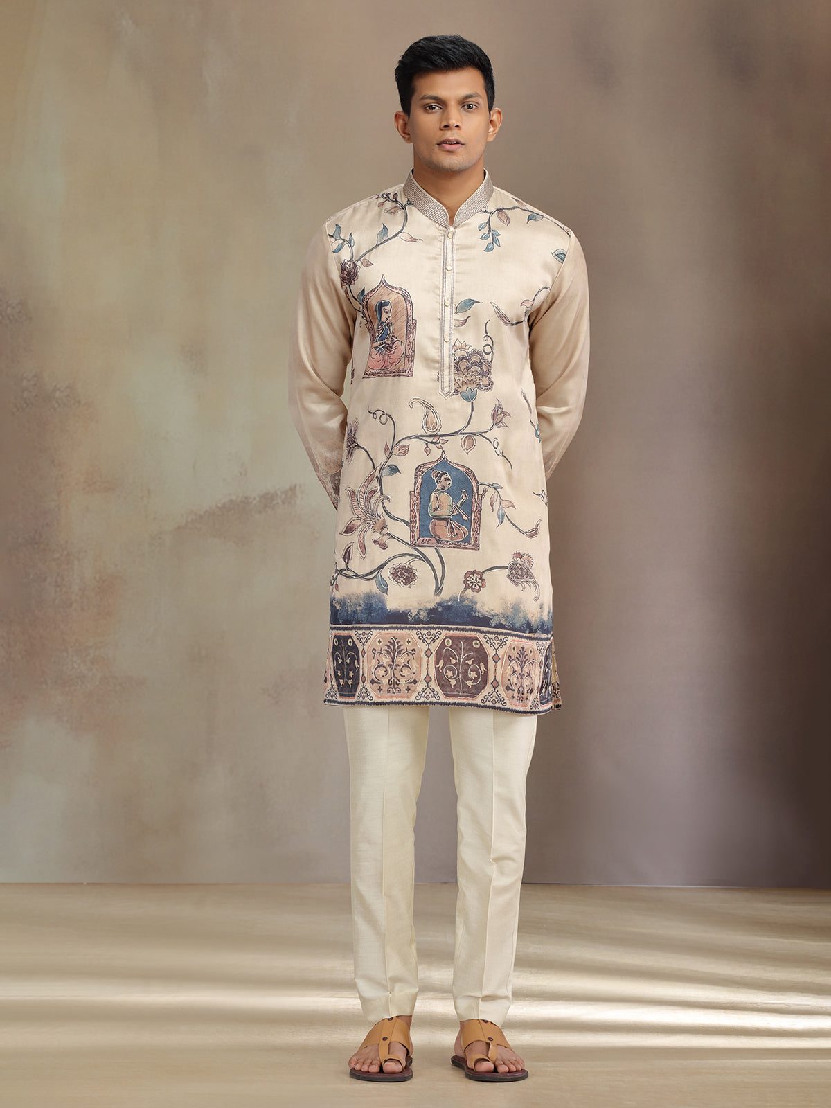 Cream printed festive wear tusser silk kurta pajama