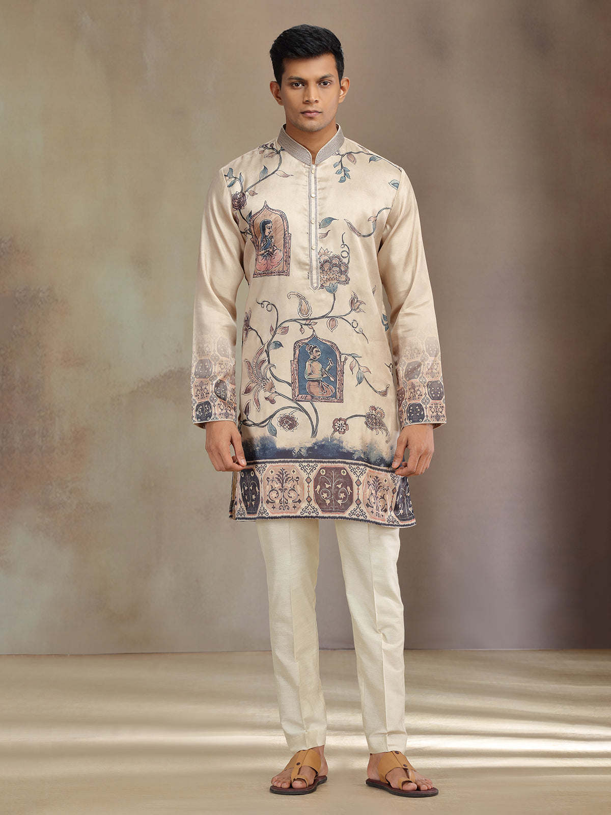 Cream printed festive wear tusser silk kurta pajama