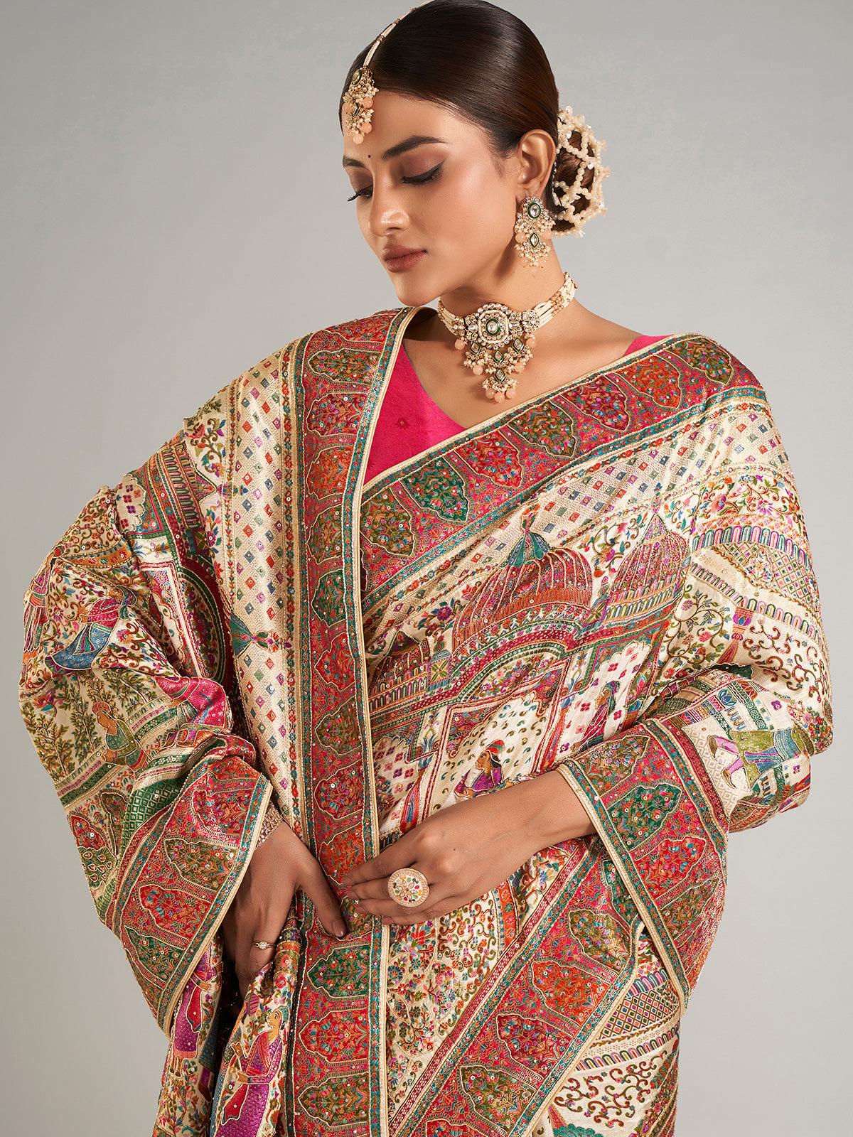 Cream printed pashmina silk saree