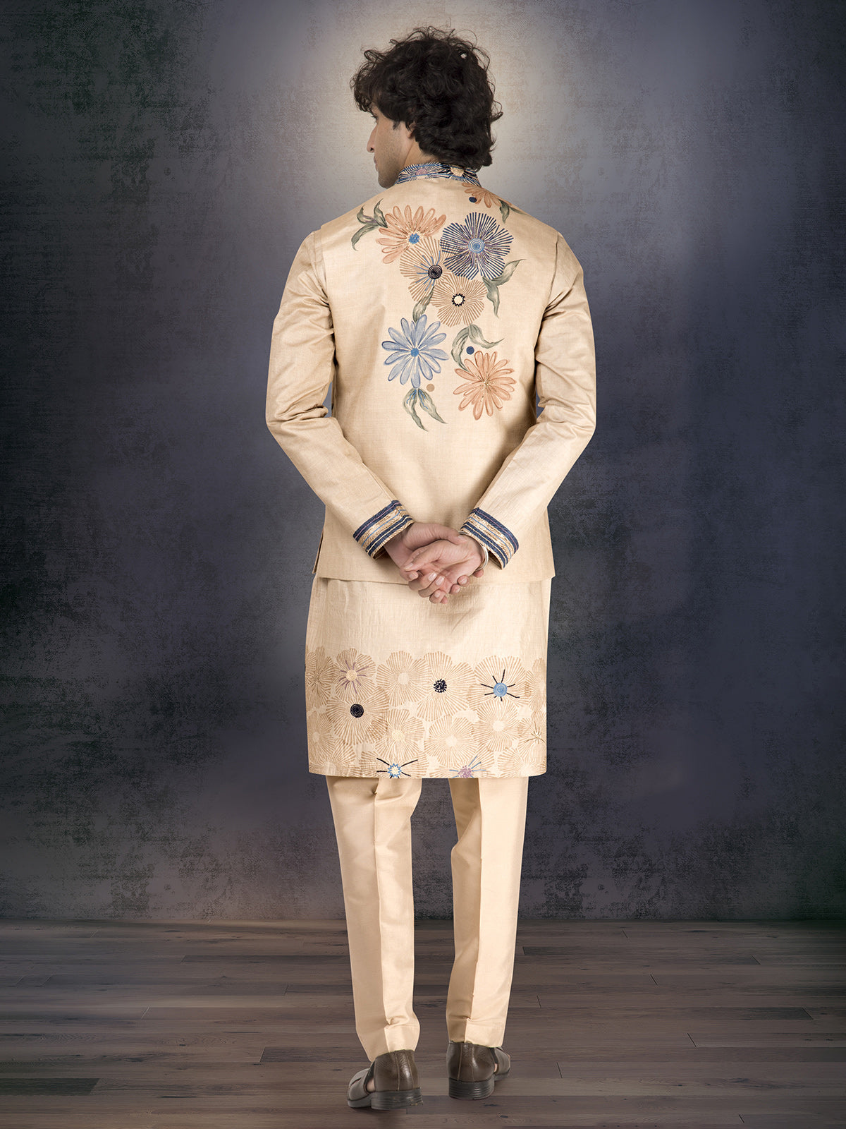 Cream pure munga silk floral printed waistcoat set