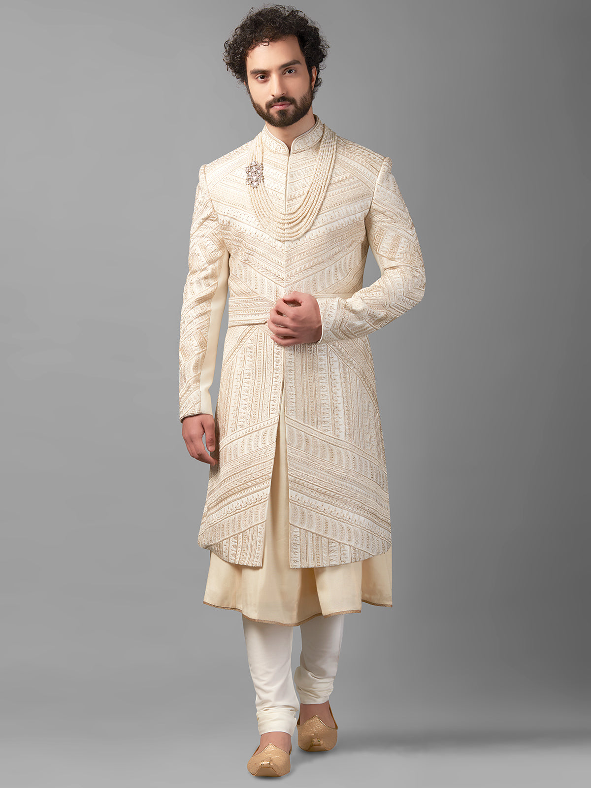 Cream raw silk peshwai style sherwani