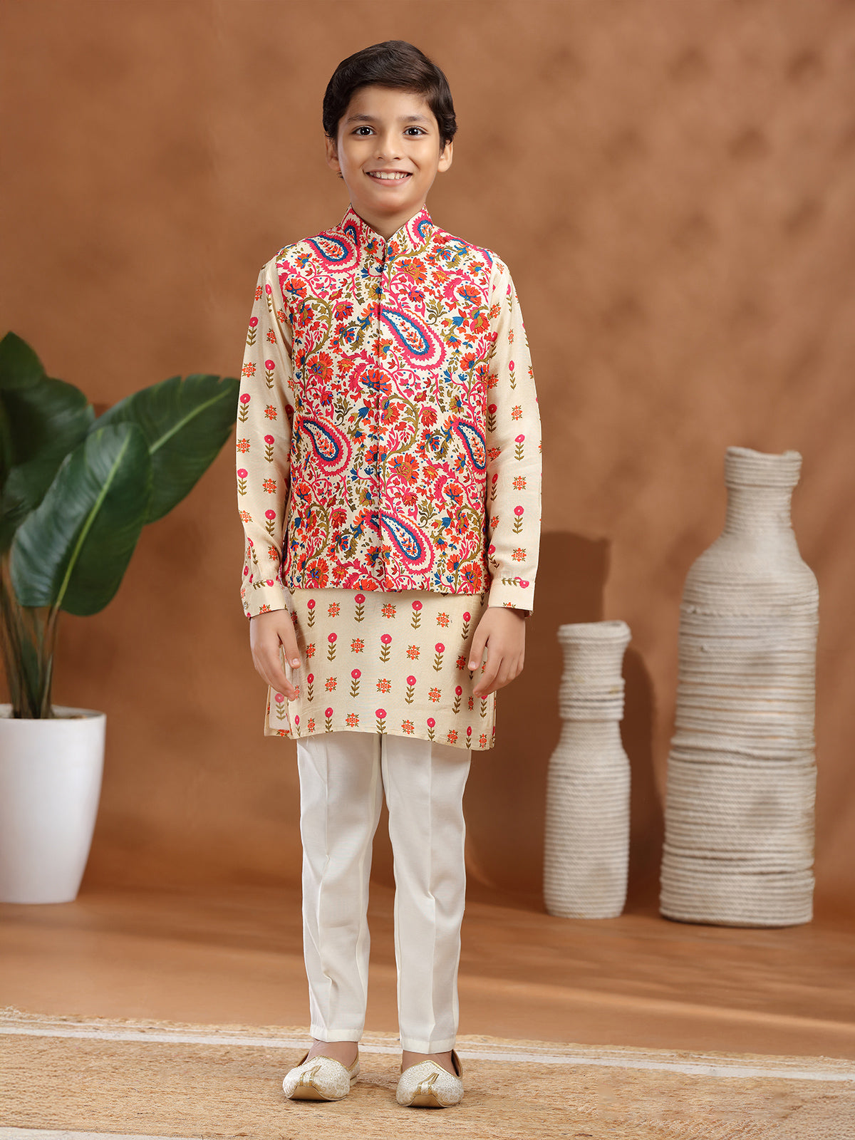 Cream raw silk printed waistcoat set for boys