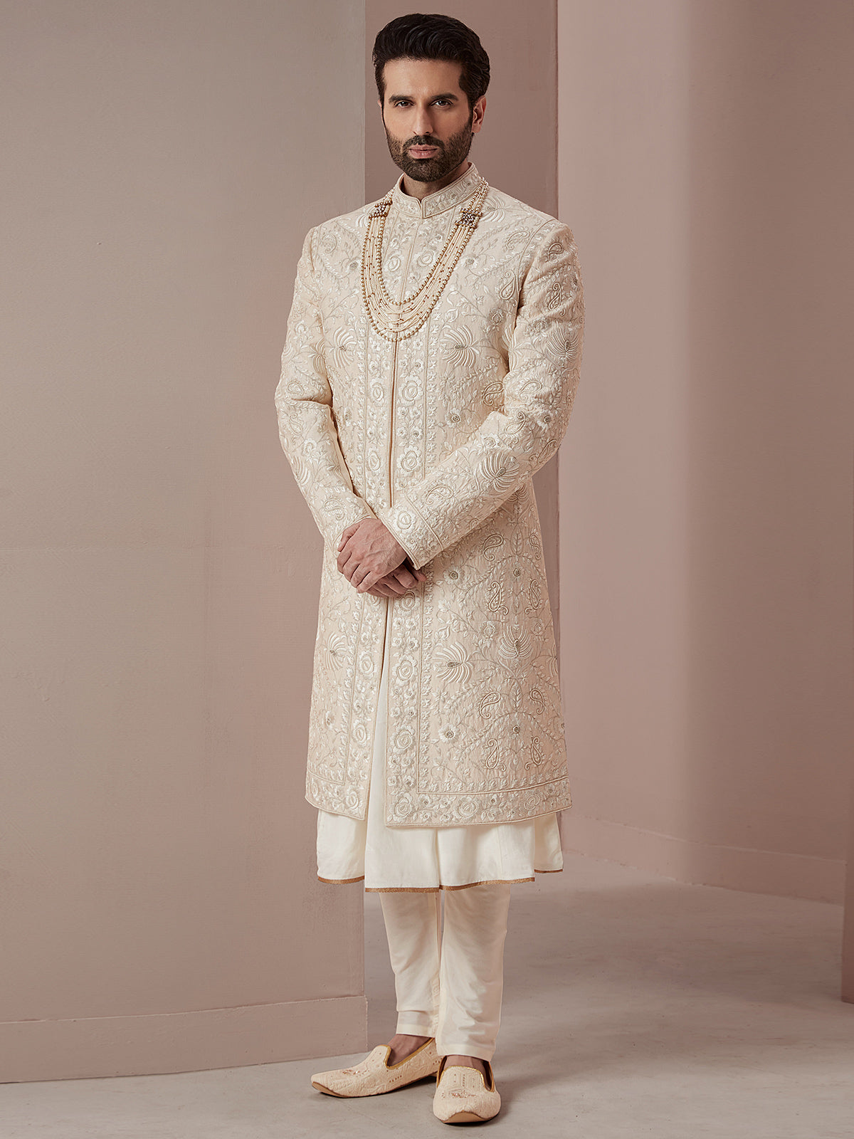 Cream rich raw silk groom and wedding sherwani