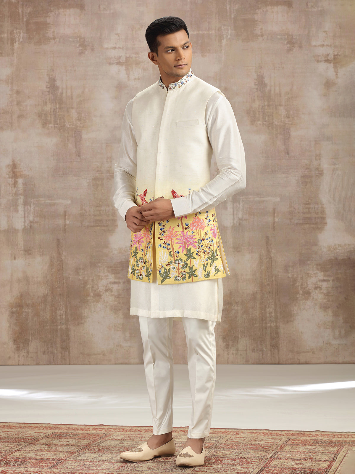 Cream shaded silk waistcoat set with embroidery