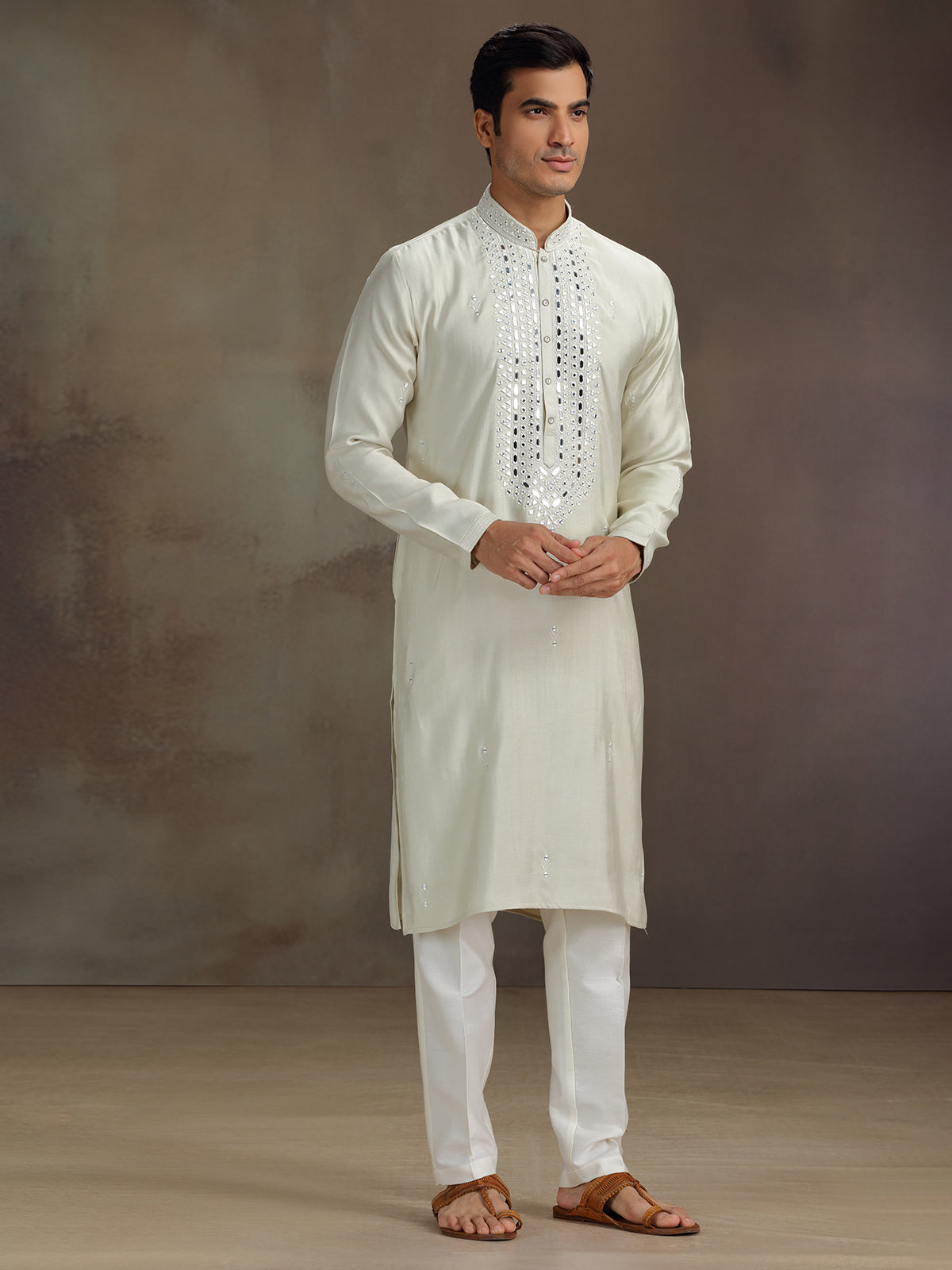 Cream silk embroidered work kurta suit for festive