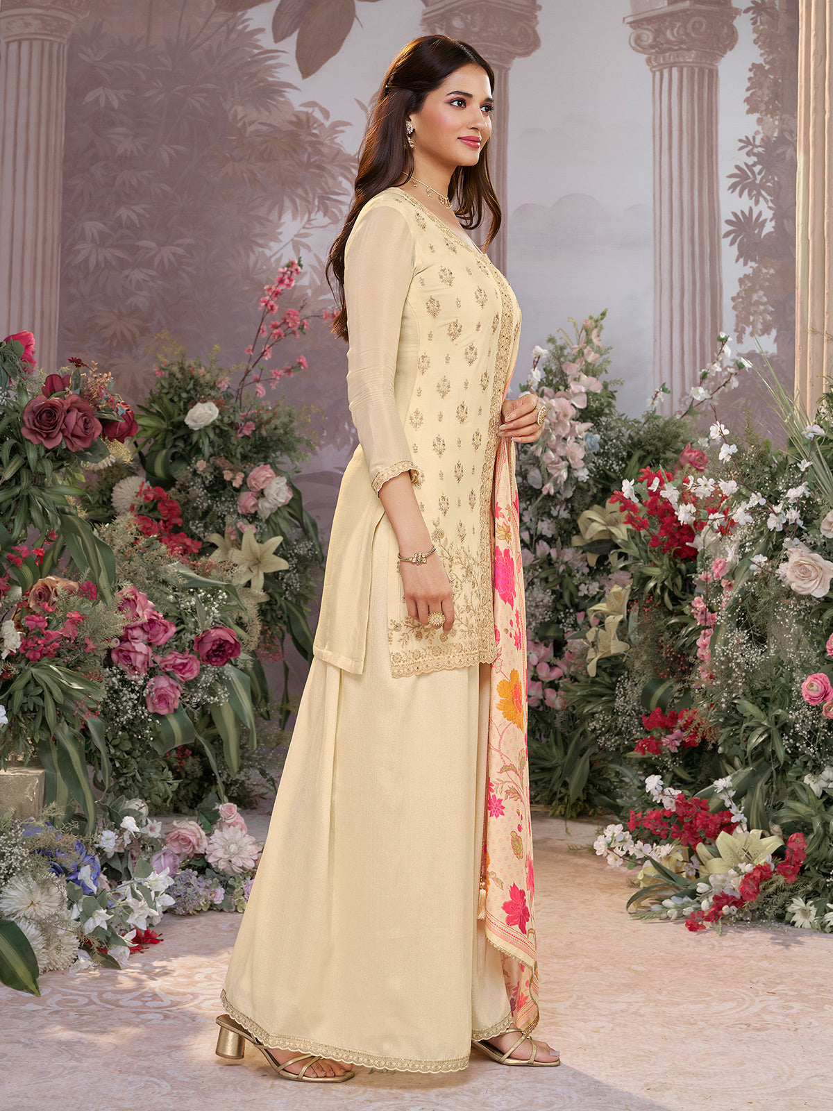Cream silk festive wear palazzo suit with printed dupatta