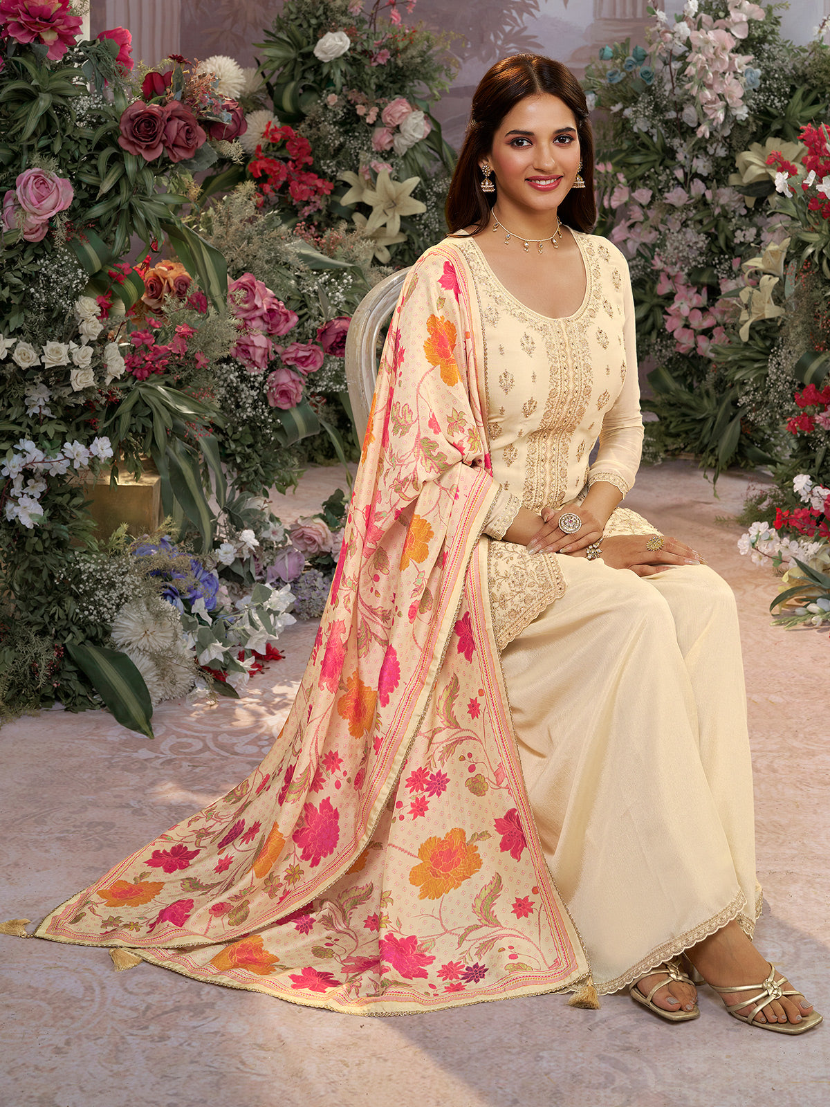 Cream silk festive wear palazzo suit with printed dupatta