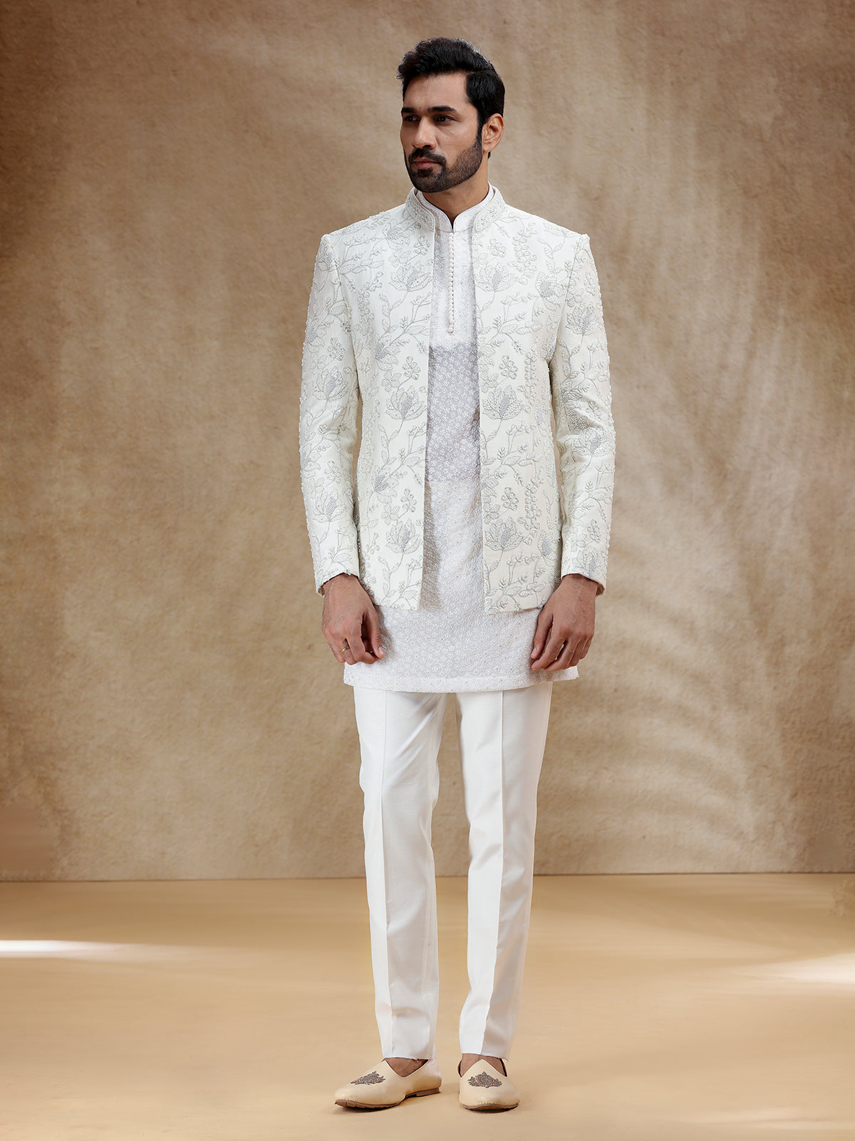 Cream silk indowestern set for men