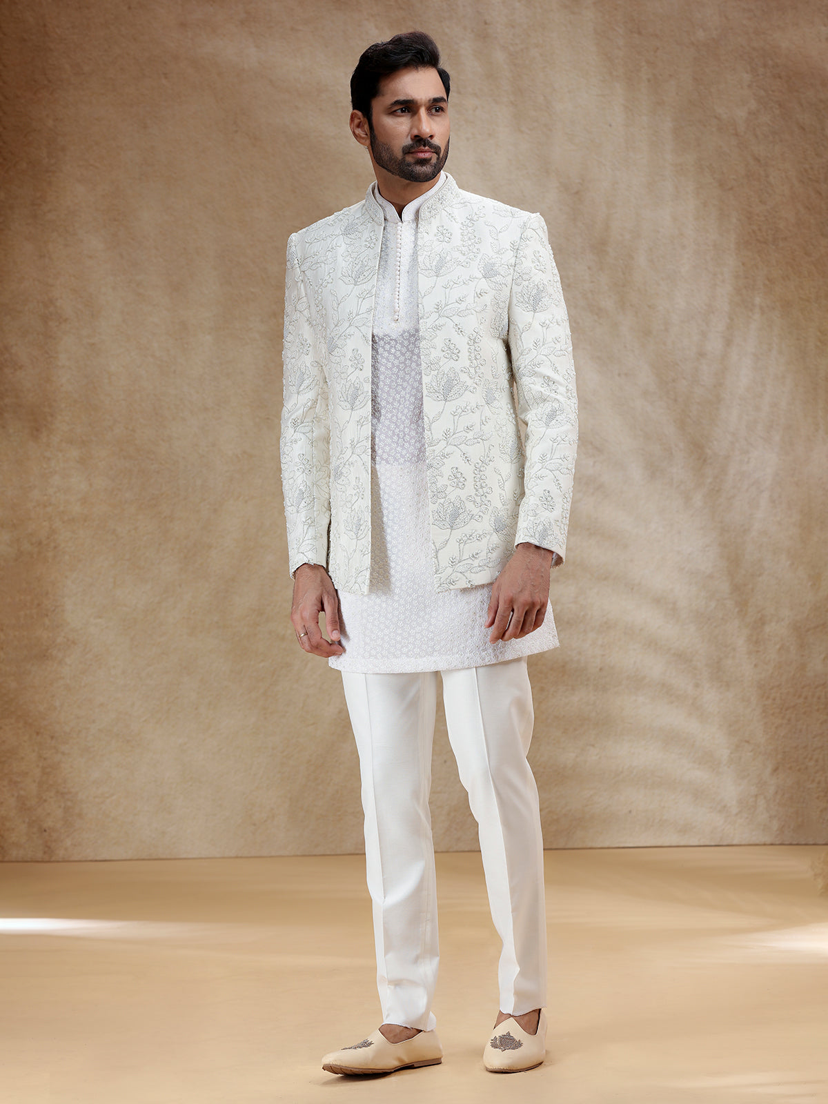 Cream silk indowestern set for men