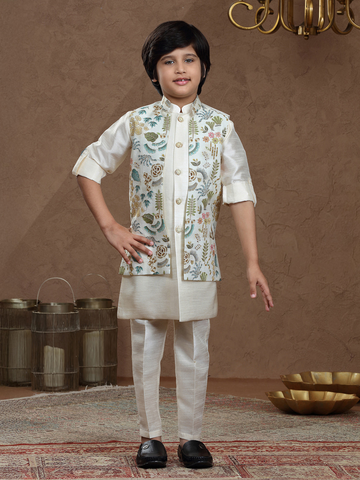 Cream silk jacket style waistcoat set with resham work