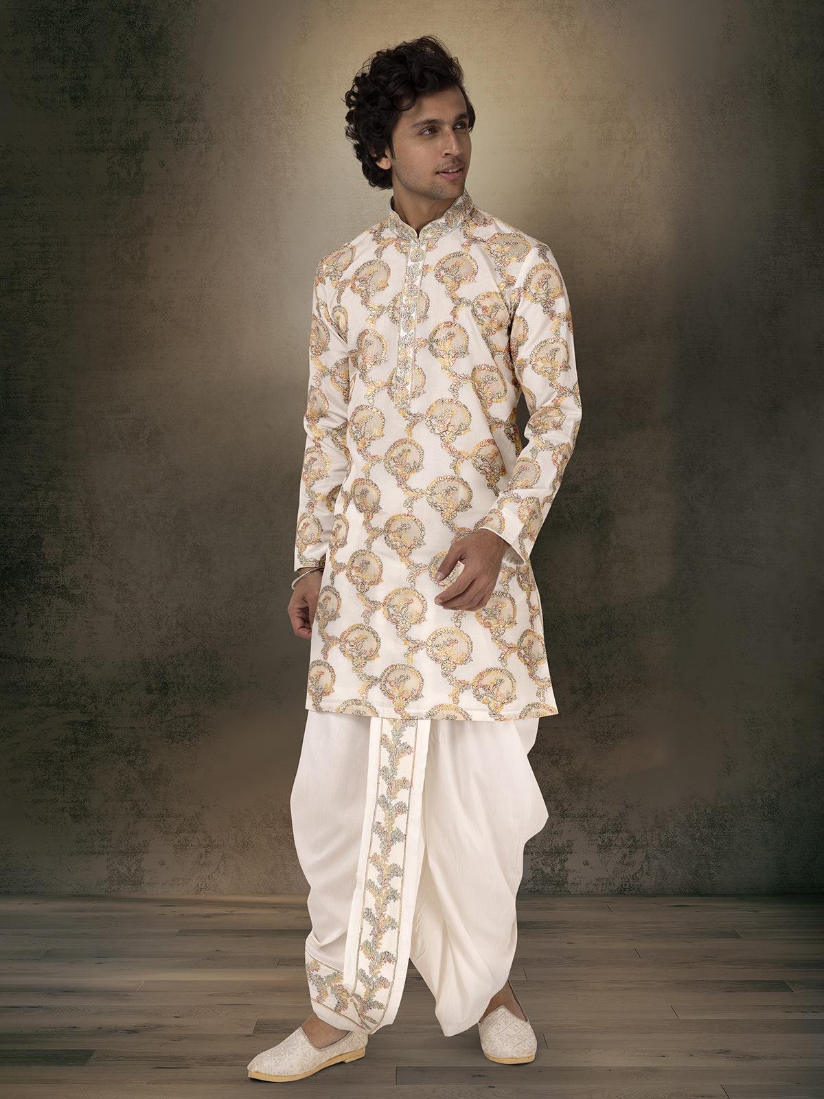 Cream silk kurta suit with dhoti for festive and puja