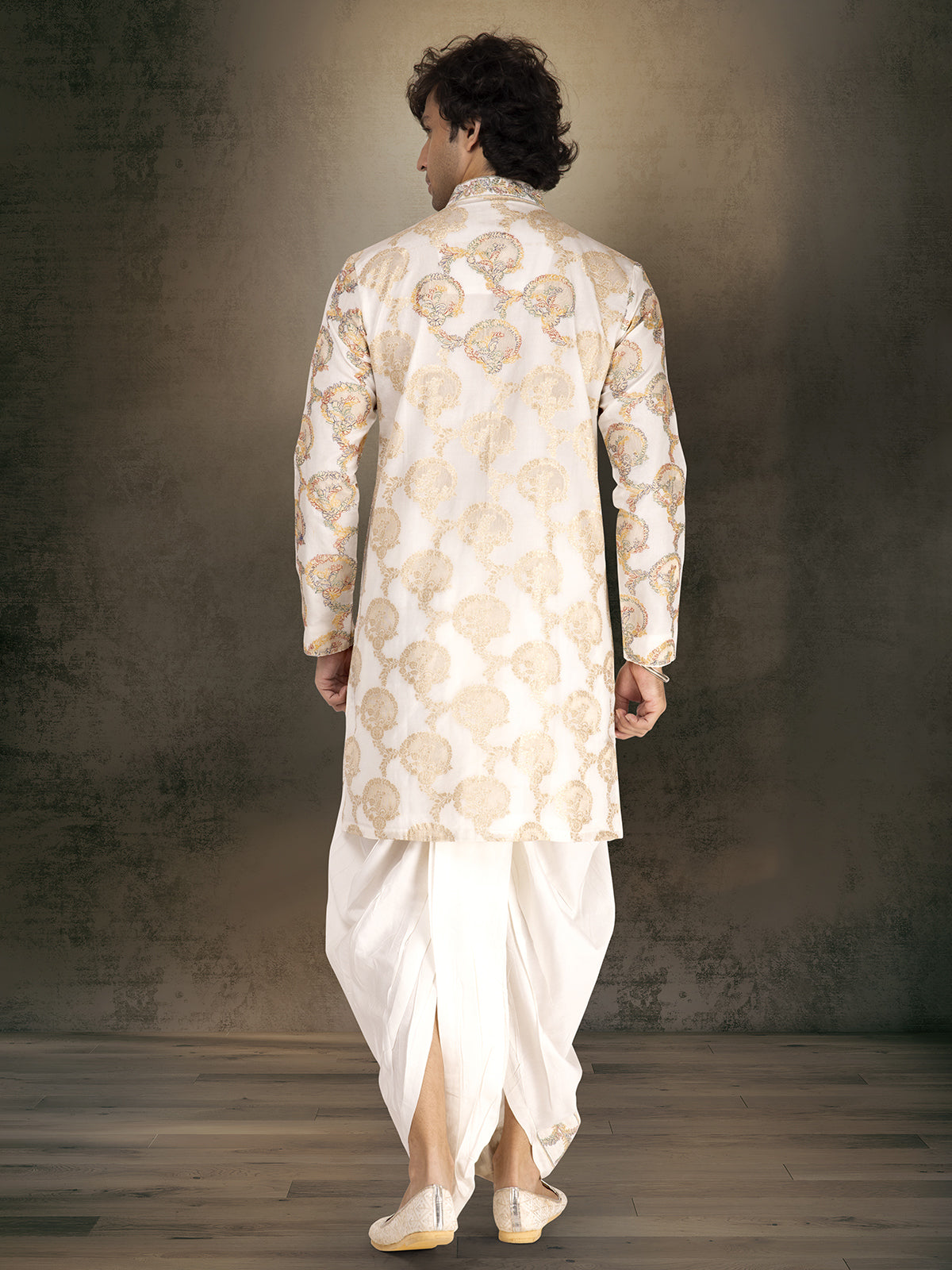 Cream silk kurta suit with dhoti for festive and puja
