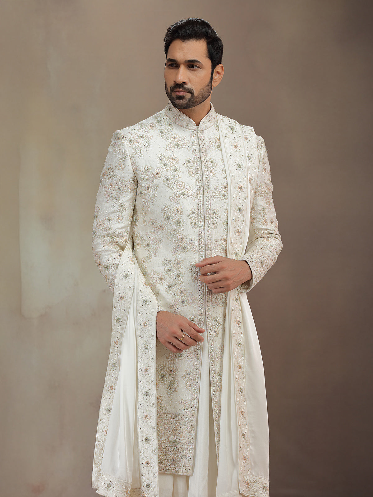 Cream silk peshwa style sherwani with dupatta for groom