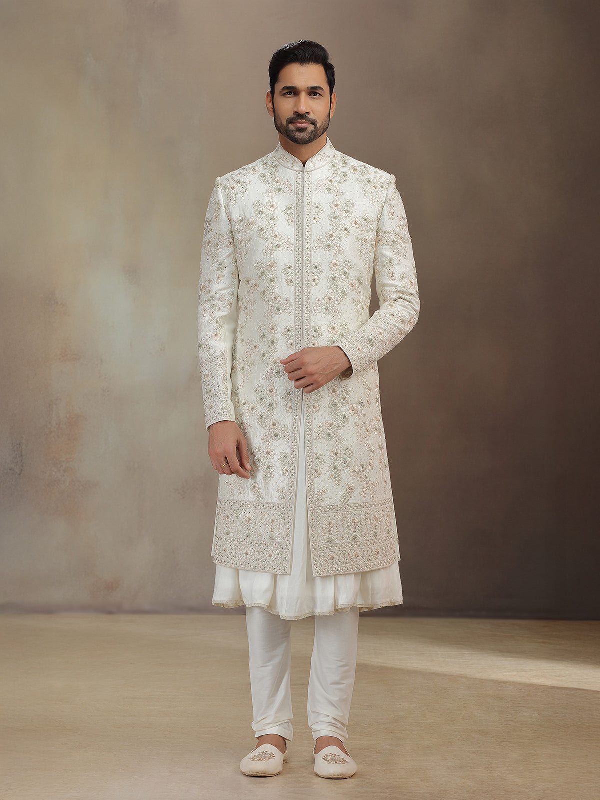 Cream silk peshwa style sherwani with dupatta for groom