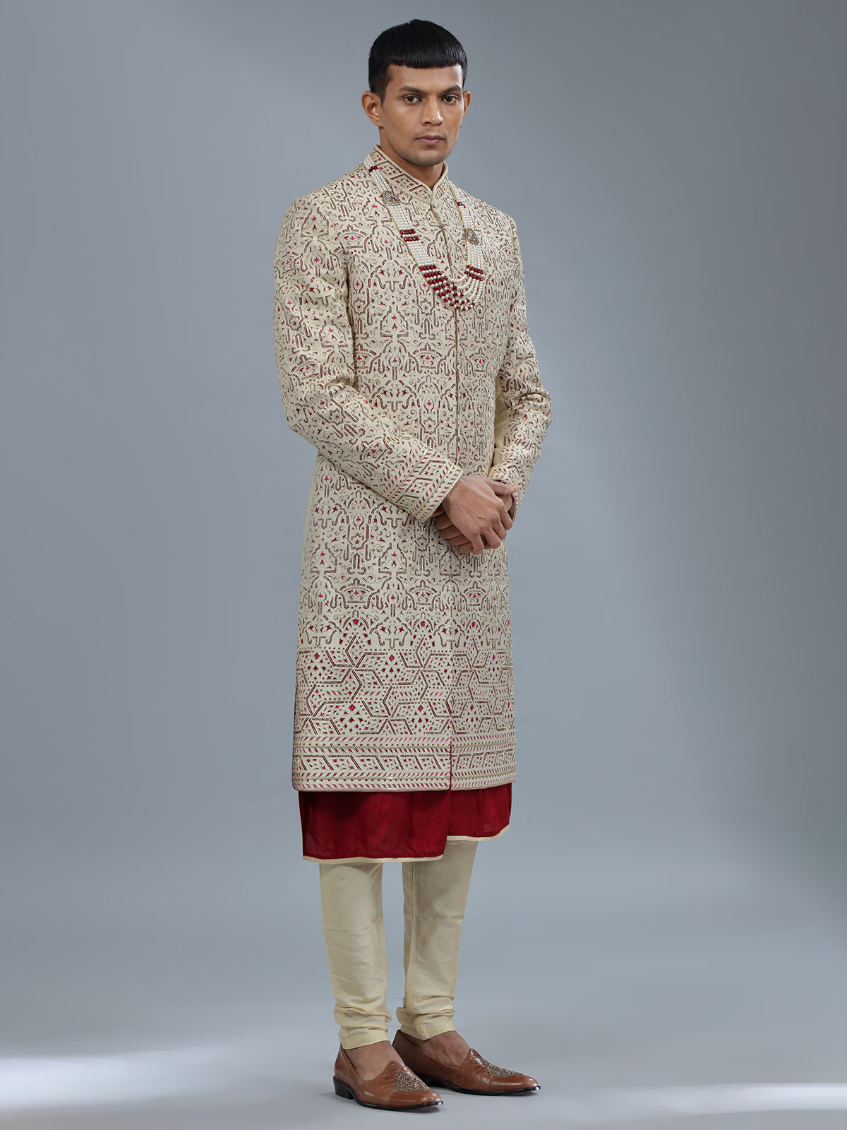 Cream silk peshwai sherwani for groom