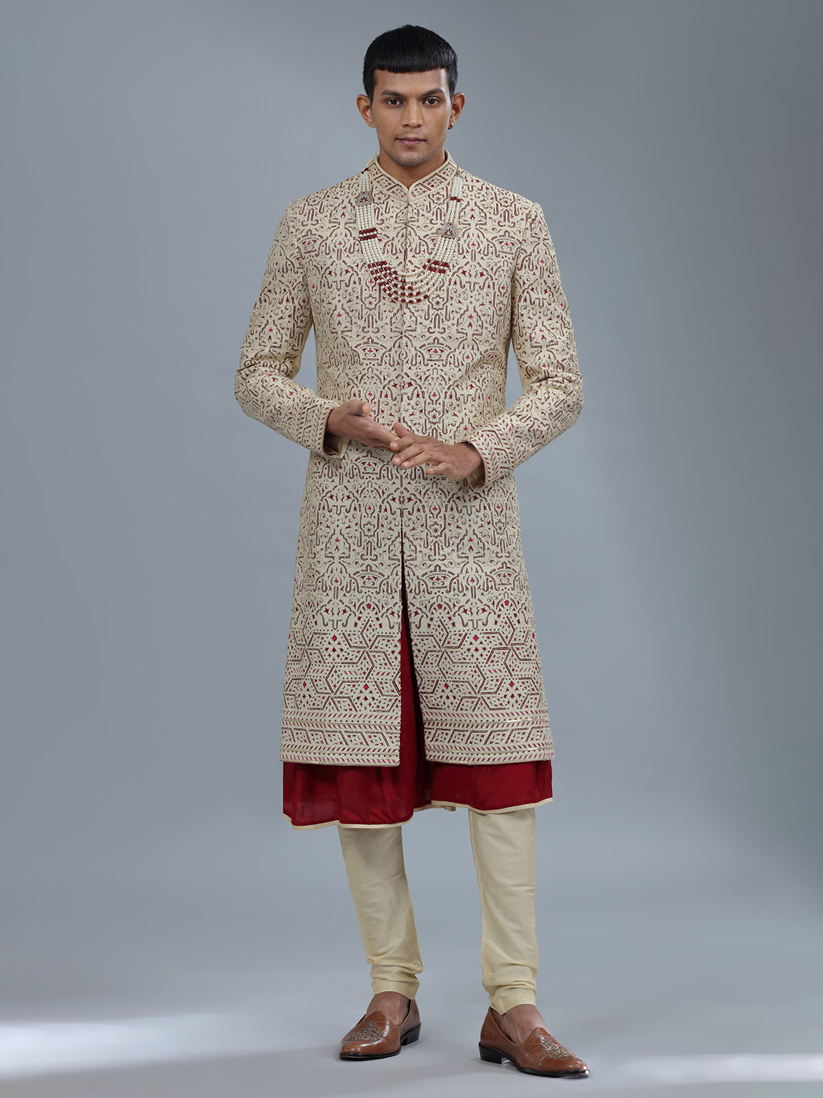 Cream silk peshwai sherwani for groom